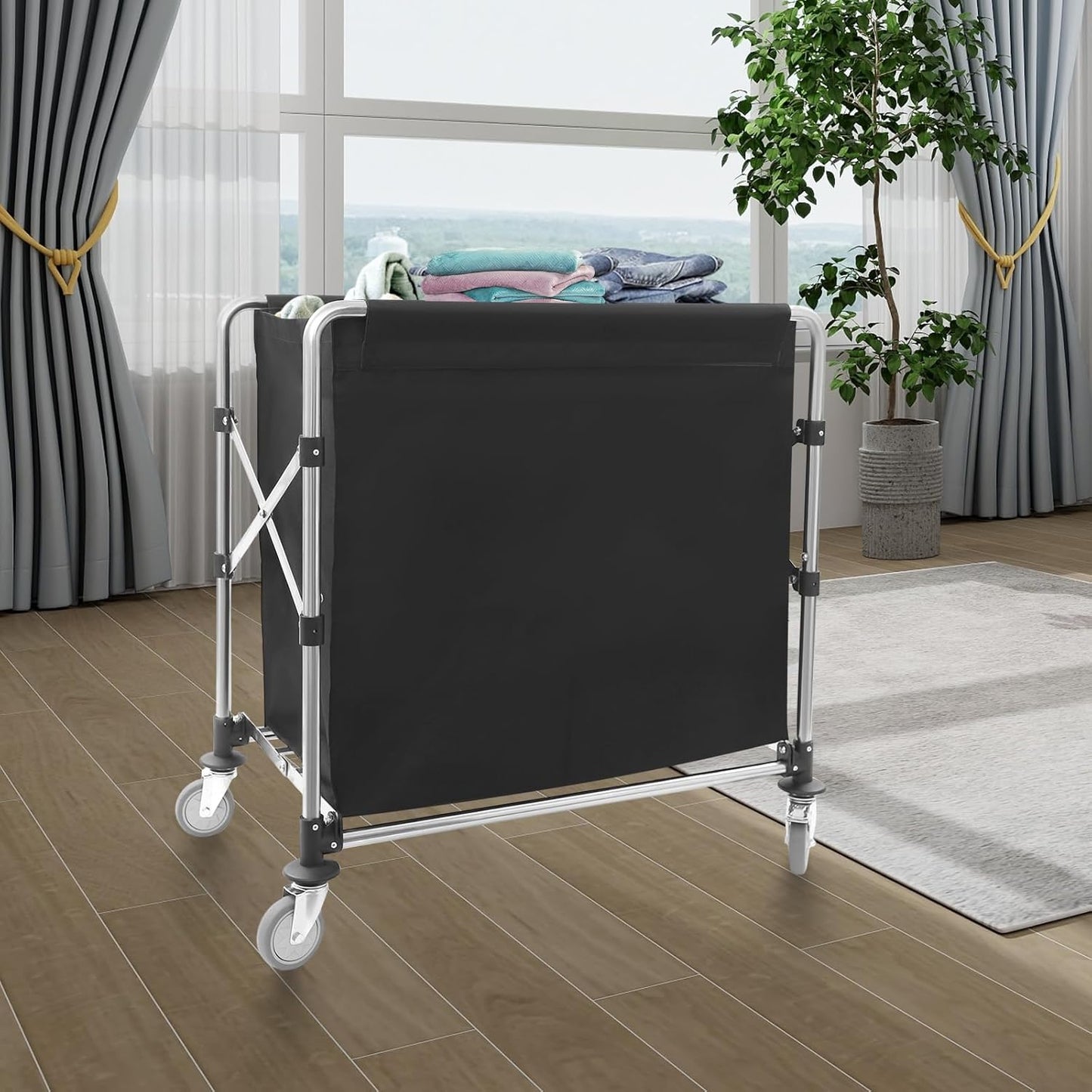 Commercial Laundry Cart with Wheels,Folding Laundry Hamper Cart,Heavy Duty Rolling Laundry Basket with Large Capacity,Laundry Sorter Trolley for Home Hotel Apartment (Black, 34.25 * 19.7 * 36.22in)