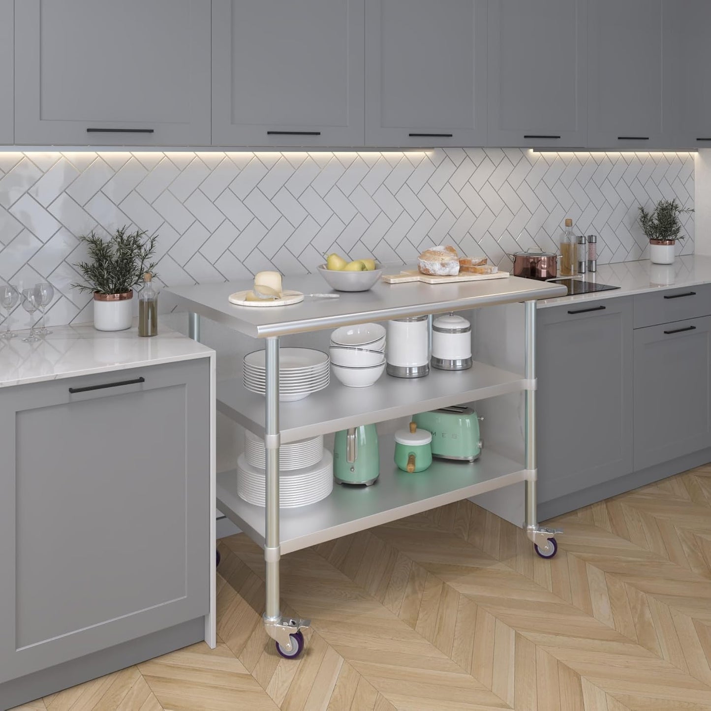 AmGood Stainless Steel Work Table with 2 Shelves and Casters | Metal Utility Table On Wheels (Stainless Steel Work Table with 2 Shelves + Casters, 48" Long x 30" Deep)