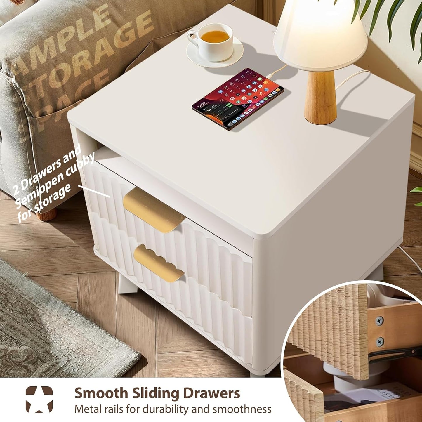Fluted Nightstand - 24" Modern Bedside Table w/ 2 Drawers, Wood Bed Side End Table with Open Shelf, Night Stand with Storage Drawer, Curved Design Night Stands for Bedroom Living Room (White)