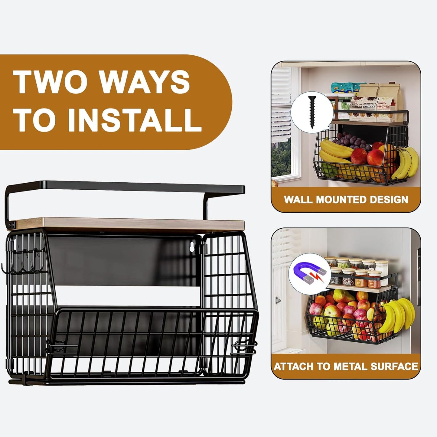2 Set Magnetic Shelf for Fridge,Onion and Potato Spice Snacks Fruit and Vegetable Storage and Organizer,Wall Hanging Wire Basket for Pantry,Kitchen Countertop,RV and Laundry
