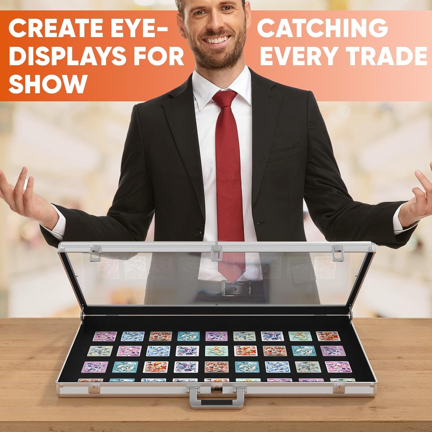 Portable Trade Show Display Case, 34"x22" Aluminum Card Show Display Case with Lock, Large Table Top Sports Card Display Case with Clear Acrylic Glass for Jewelry, Trading Card, Collectibles Shows