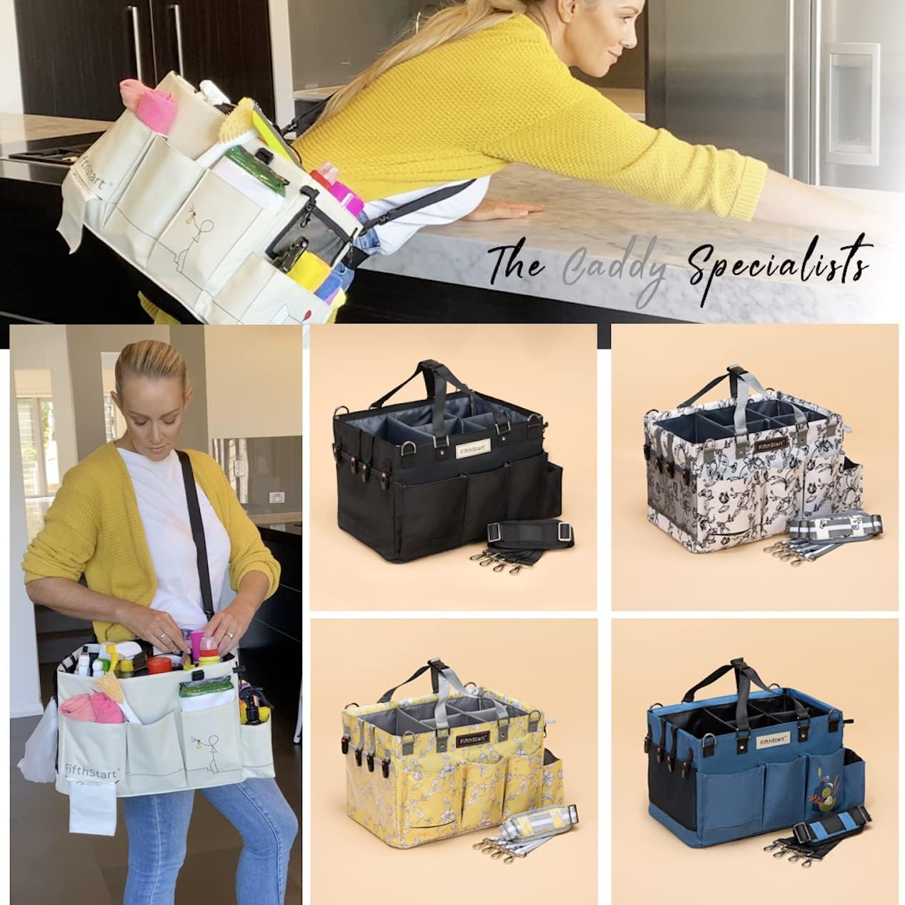 FifthStart Professional Cleaning Caddy - Heavy-Duty Organizer Tote with Adjustable Compartments, Mesh Base, 9 Pockets & Shoulder Strap for Cleaning Supplies (Blue Check, LArge)