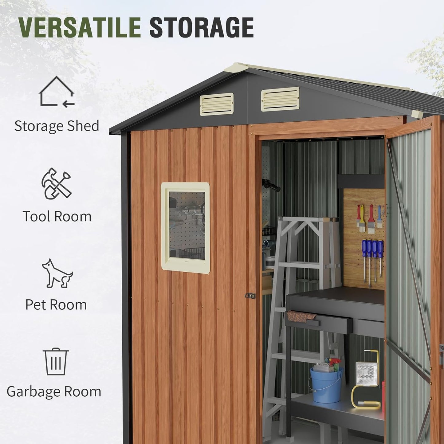6x4 Ft Outdoor Metal Shed, Storage Garden Shed with Triple Lockable Doors & Vent, Multi-Used Shed for Backyard, Patio, Lawn and Tool & Bicycle Storage