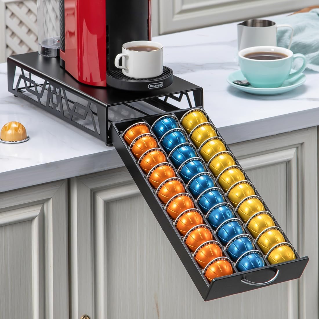 FlagShip Vertuo Pod Drawer Modern Black Metal Coffee Capsule Organizer & Space-Saving for Nespresso Pod Holder Coffee Machine Stand(30 Vertuo Pods Capacity)
