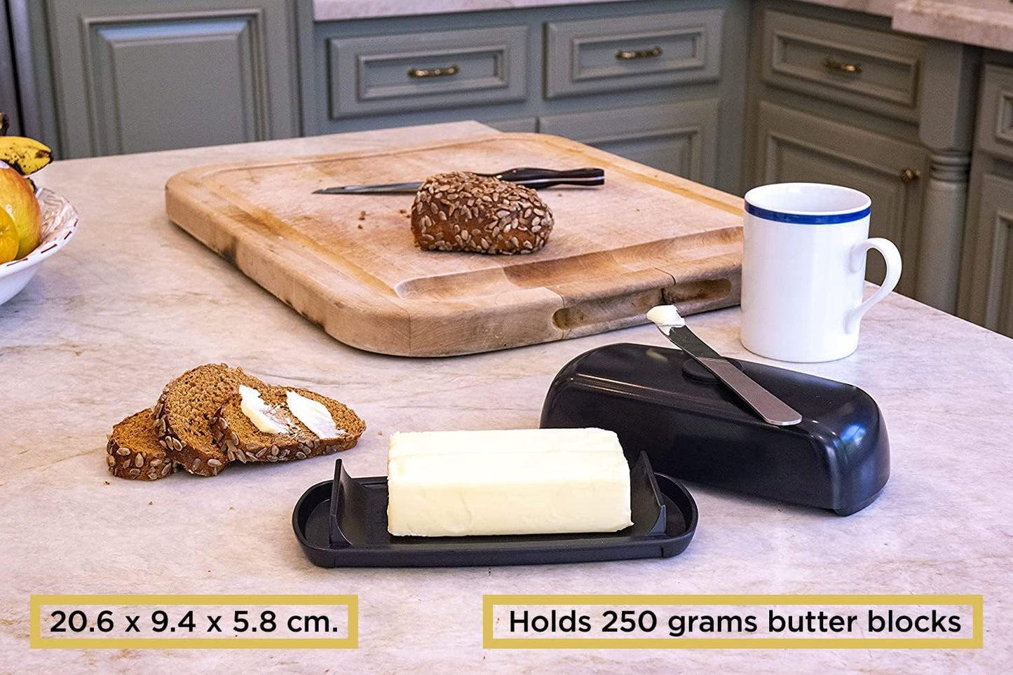 Butter Hub Extra Large Butter Dish with Lid and Knife, European Size Magnetic Butter Keeper, Easy Scoop, No Mess Lid, Plastic, Dishwasher Safe (Black)