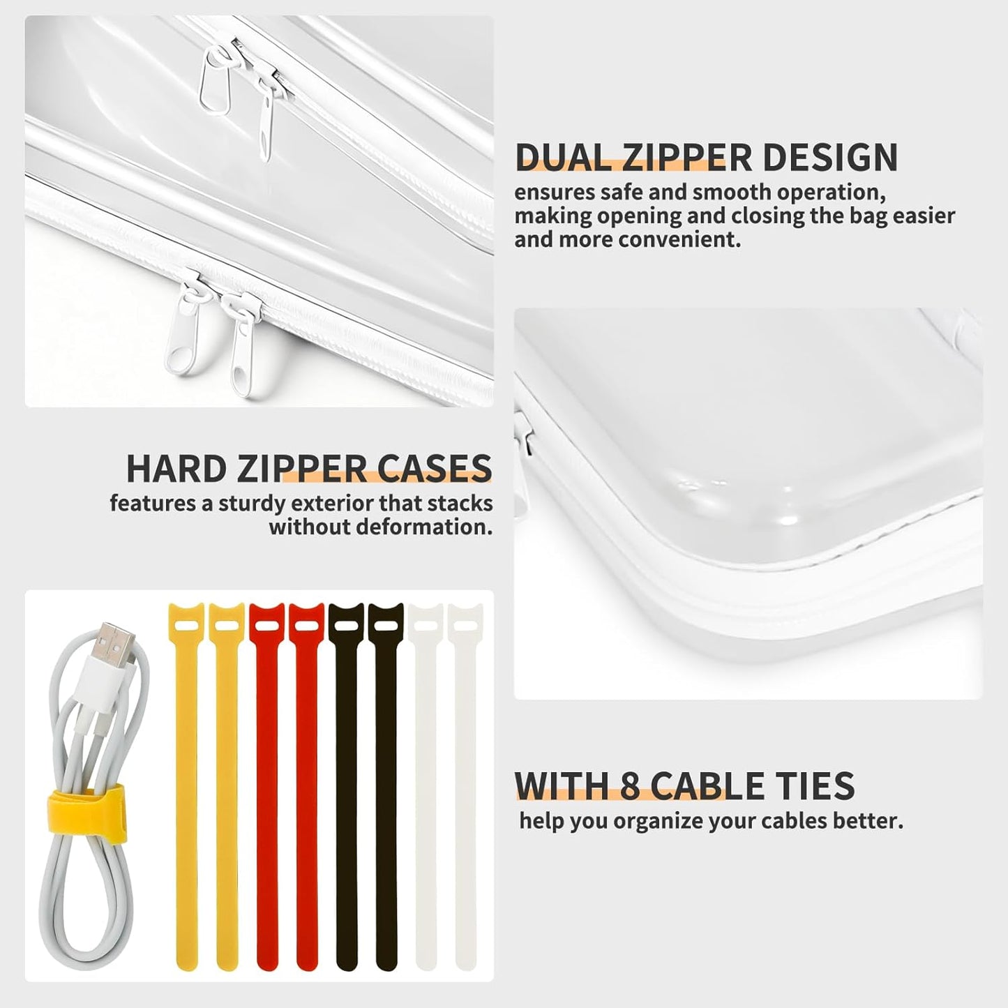 2 PCS Clear Electronics Organizer Travel Case, Waterproof Cable Storage Box with 8 Wire Ties, Hard Shell Zipper Cases for Cord, Phone, Airpods, Mouse, Toiletry Pouch, Cosmetic Bag, Medium & Small