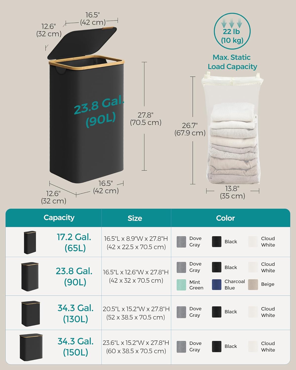 SONGMICS Laundry Hamper with Lid, Large Laundry Basket, 23.8 Gallons (90L), Removable Mesh Liner, Bamboo Handles, Collapsible, 16.5 x 12.6 x 27.8 Inches, Ink Black ULCB509B01