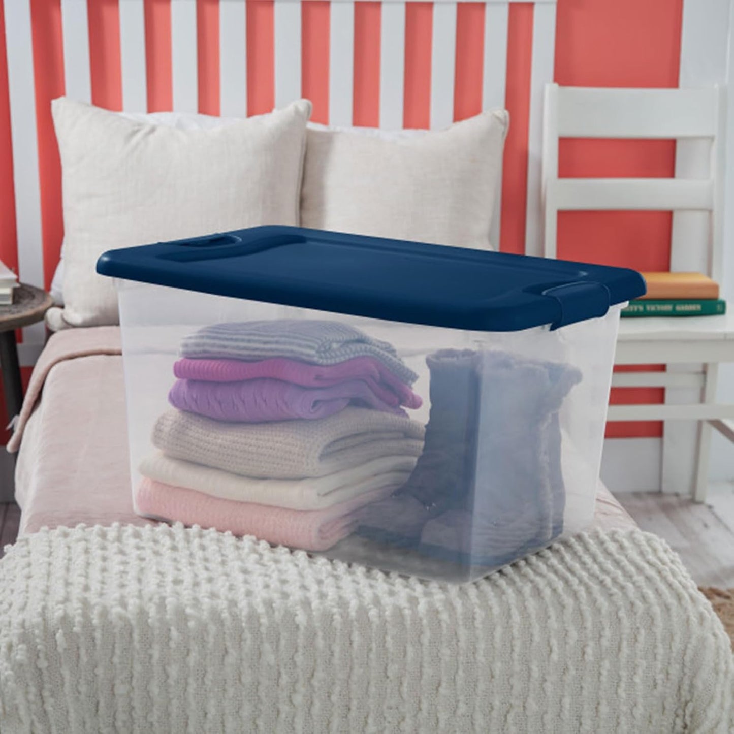 Sterilite 12-Pack Color Program, Large Clear Plastic Storage Bins with Lids, 64 Quart, Blue - Stackable Organizing Container Boxes for Closet, Bathroom, and Office