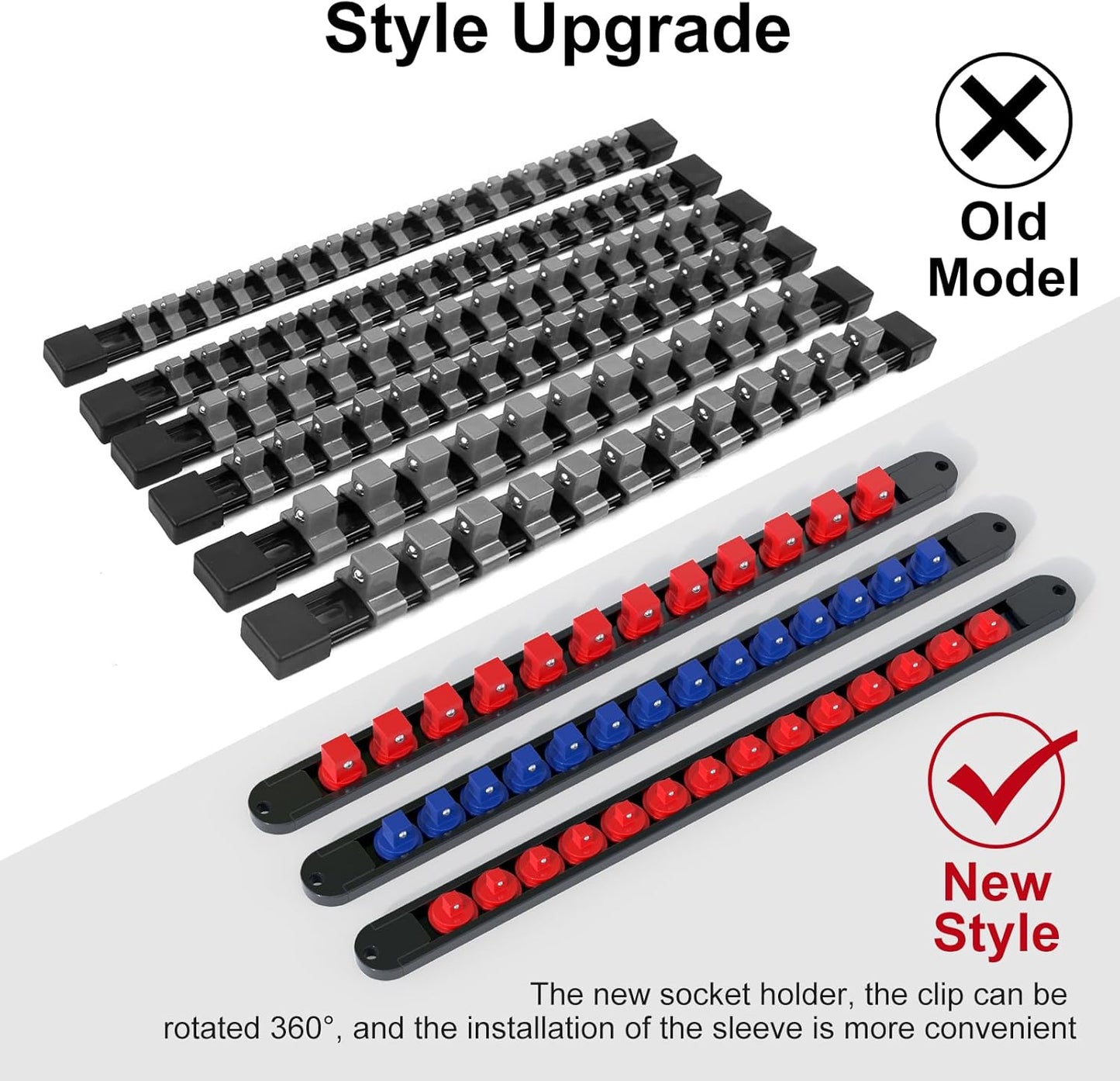 FIVEPEARS 6PCS 360° Socket Organizer Twist Lock,3/8 1/4 1/2 Socket Storage Rails, Premium Quality Socket Holders for Tool Box ,Tool Carts,Contains up to 80 Clips (Blue & Red)