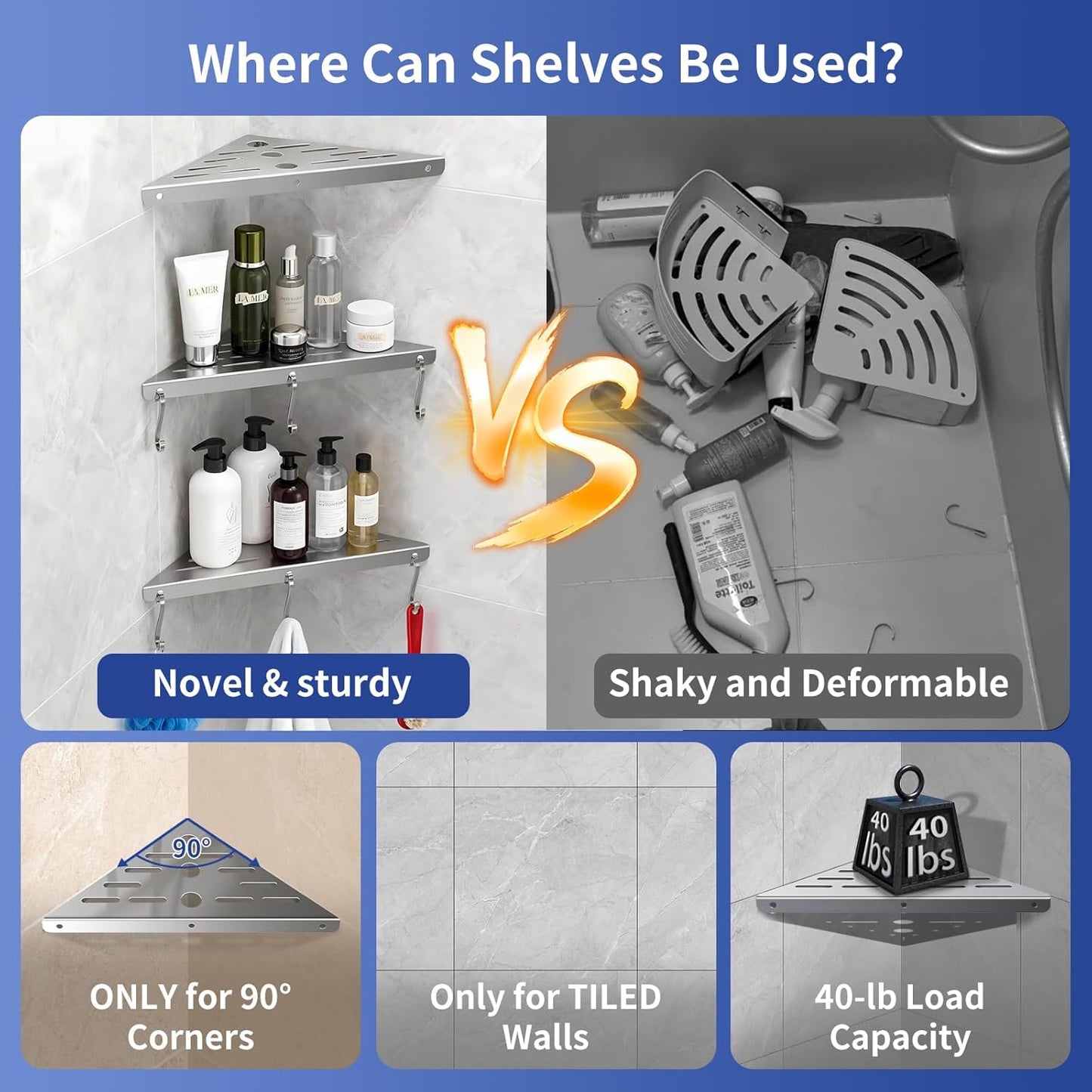 Shower Corner Shelf 304 Stainless Steel Shower Caddy 3 Tier Shower Organizer Niche Extra 6 Hangers Shelves 40 lbs Large Capacity Bathroom Storage for Inside Anti-Rust Drilling Installation(Silver)