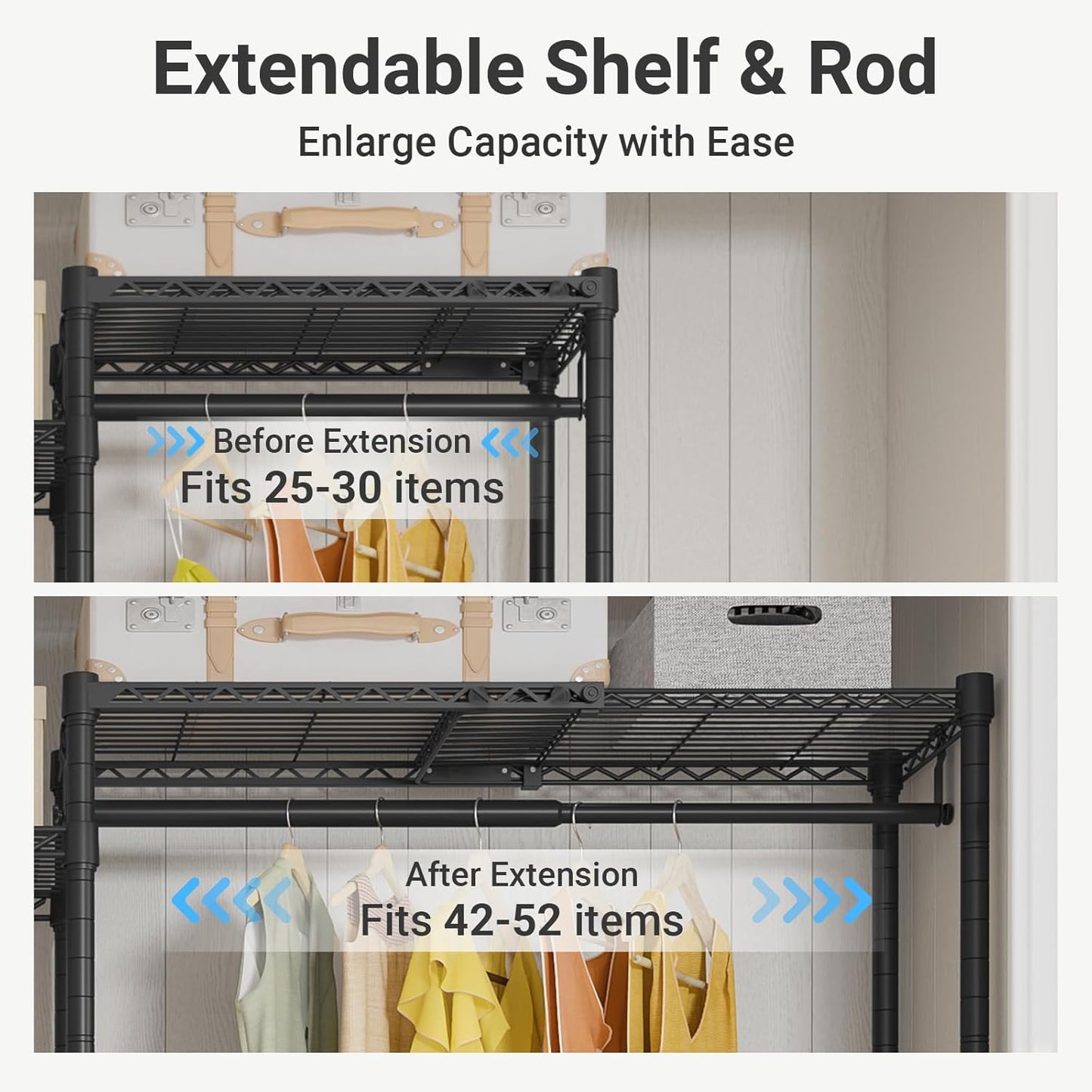 VIPEK X3 Plus Large Expandable Closet Rack Adjustable from 5'10" to 8'8" with Extendable Shelves and Hanger Rods, Freestanding Clothing Racks Modular Closet Systems Wardrobe, Max Load 1360LBS, Black