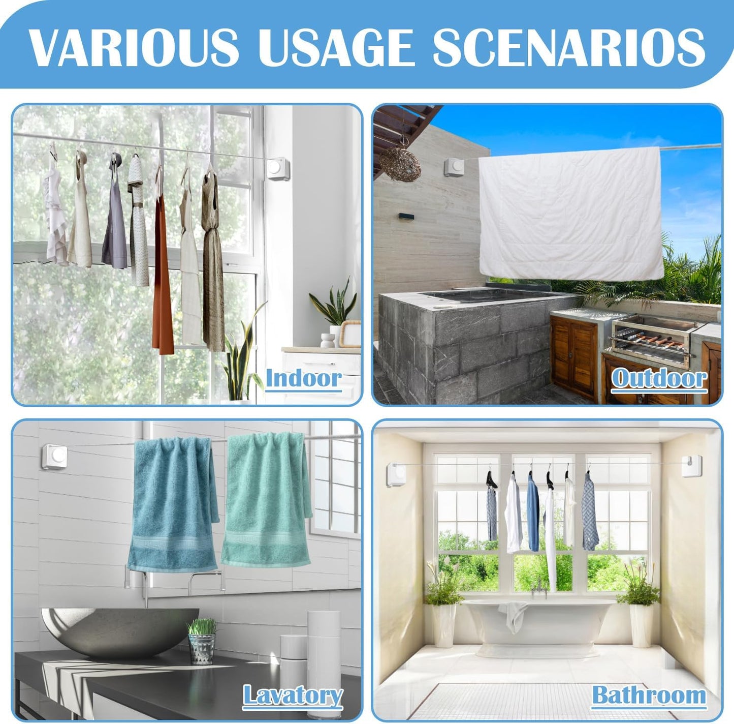 Retractable Clothesline Indoor, Non-Sagging Outdoor Clothes Line Retracting 15.7 Feet Heavy Duty Laundry Line Retractable Wall Mounted Clothes Line Outdoors (Square-White)