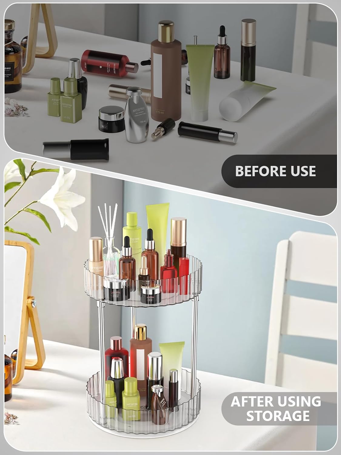 Makeup Organizer,360° Rotating Makeup Organizer, 2-Tier Round Rotating Skincare Organizer Countertop,Fits Bedroom, Bathroom, Vanity Shelf Countertop(Clear)