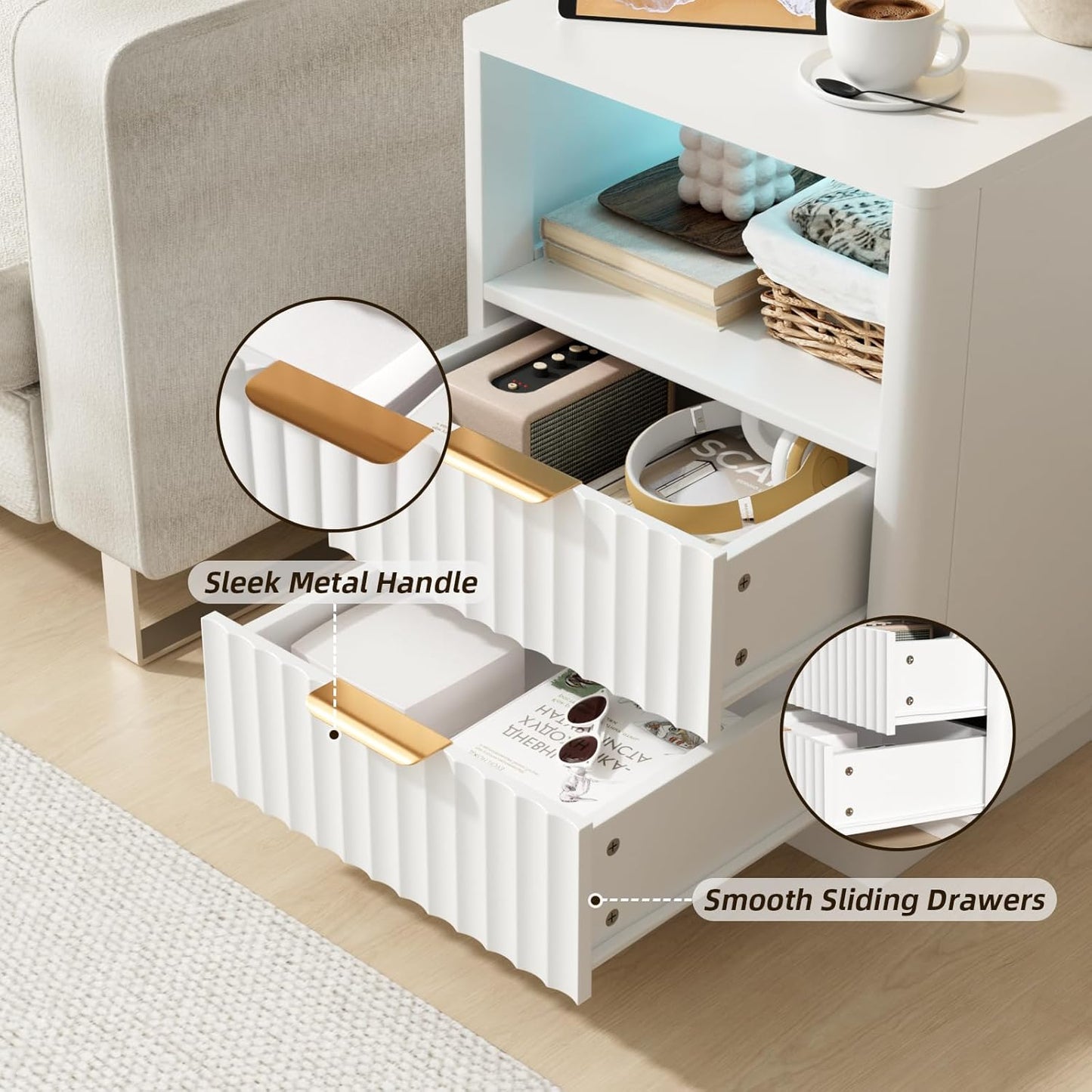 VOWNER Fluted Nightstand with Charging Station, 18” RGB Night Stand with 2 Drawers, End Table with Storage Shelf, Curved Profile Design Side Table, Bedside Table for Bedroom Living Room, White