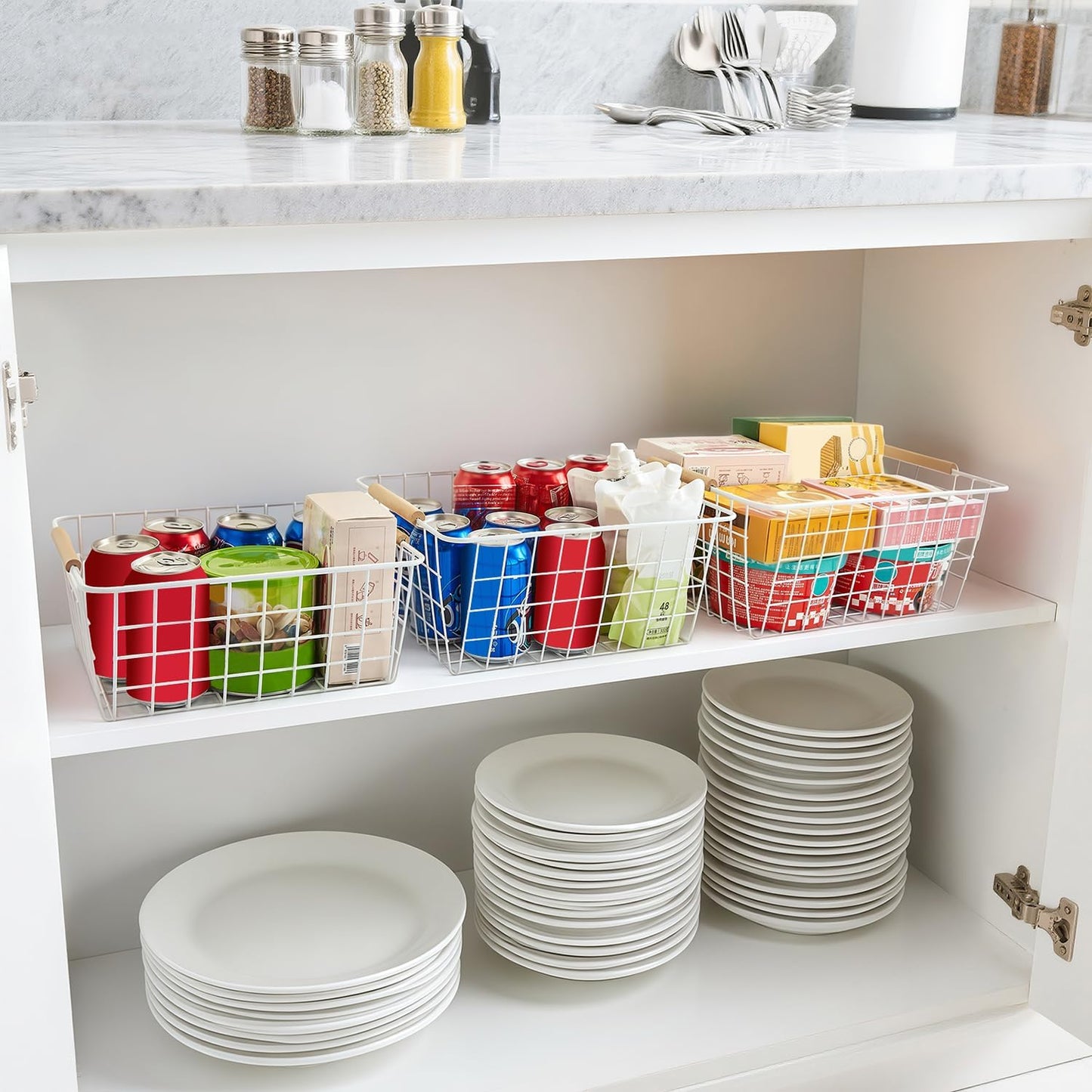 LeleCAT White Wire Baskets for Organizing with Handles,Pantry Organizers and Storage For Kitchen, Household Snack Basket for Cabinets, Closets, Bedrooms,food - Set of 4(White)