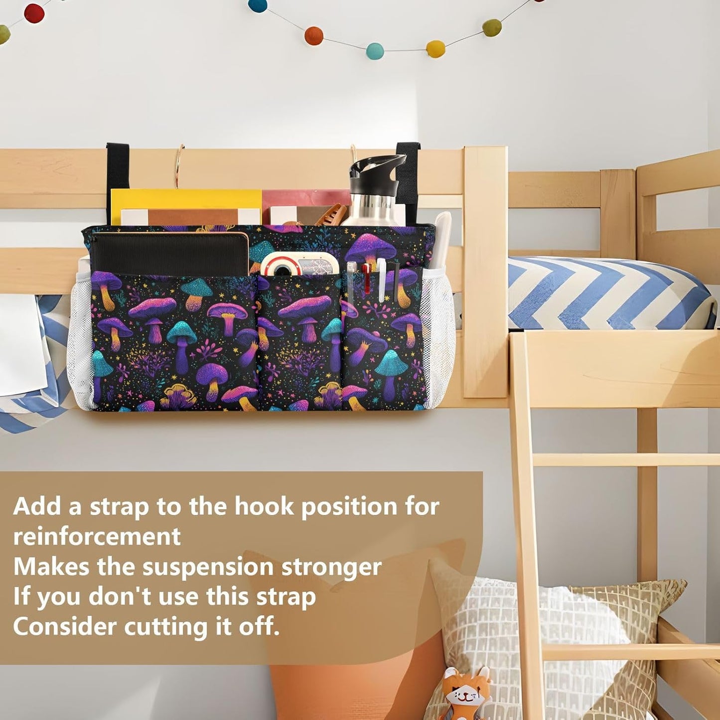 Neon-colored Mushrooms Stars Dots Bedside Caddy for Dorm Bed Bedside Hanging Caddy Bag Iron Frame Storage Organizer Pocket for Bunk Home College Hospital Beds 2 Hooks