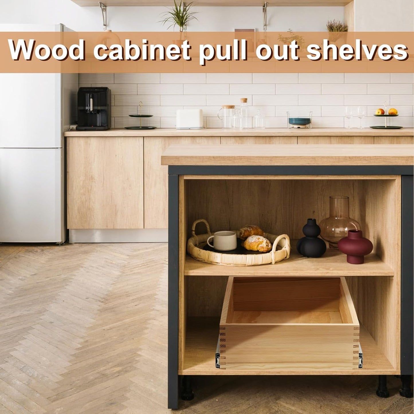Menkxi 2 Set Pull out Tray Cabinet Organizer Wooden Pull Drawers storage Slide out Pantry Shelf for Base Cabinet Kitchen Gentle Close Fully Assembled Accessories(Wood Color,15'' X 21'' X 5'')