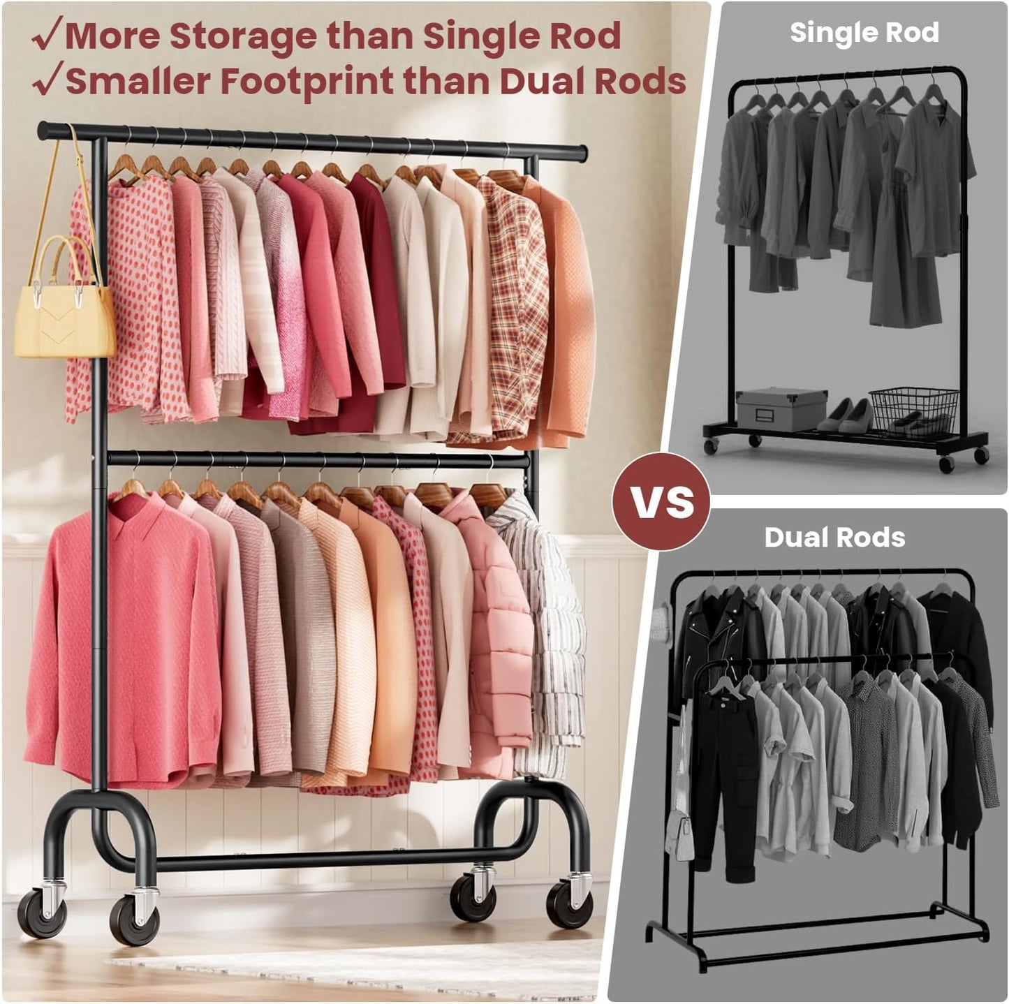 Heavy Duty Clothes Rack Load 600 LBS, Rolling Clothing Rack for Hanging Clothes with Lockable Wheels, Double Rod Garment Rack for Bedroom, Laundry, Living Room, Black