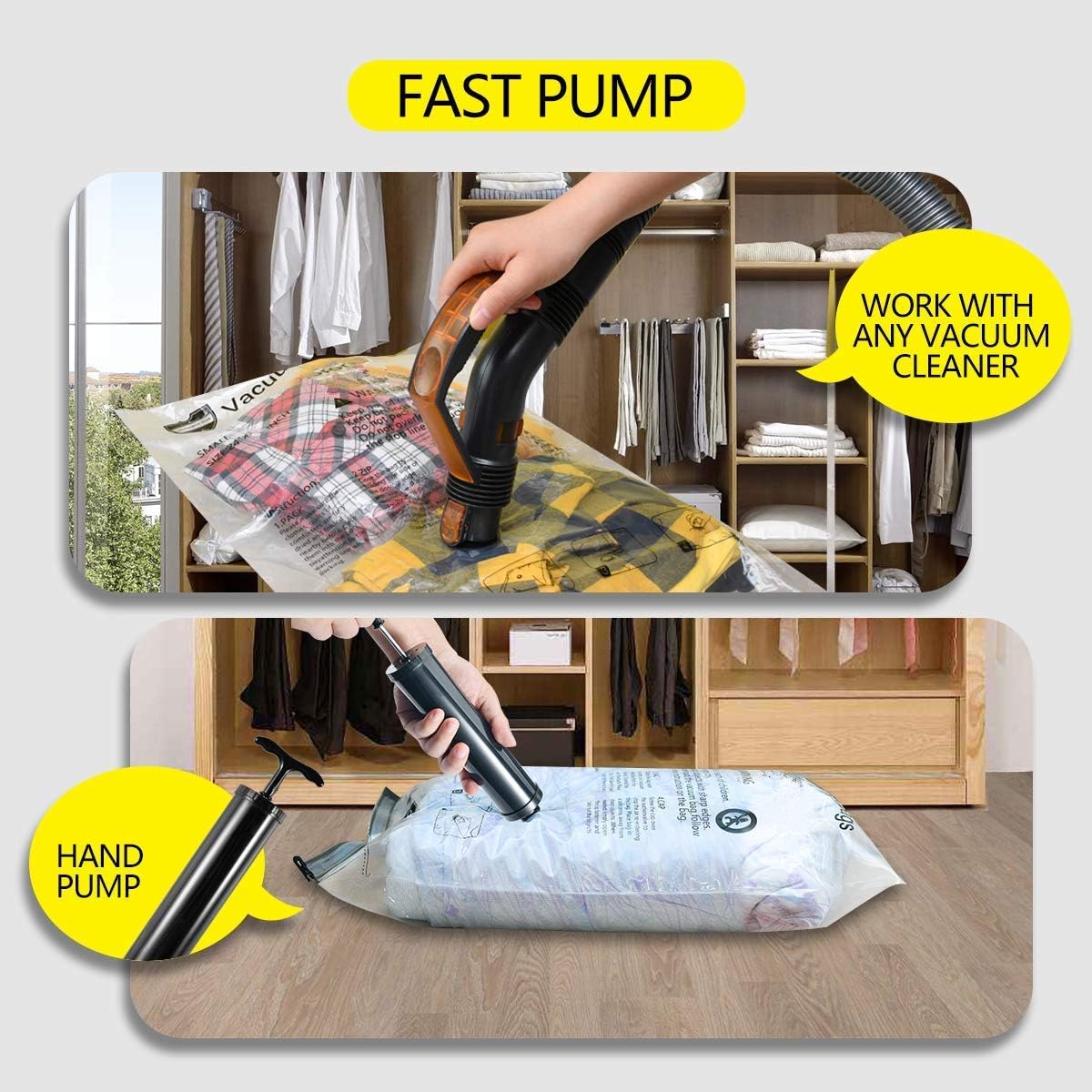 Vacuum Storage Bags (10 x Jumbo), Space Saver Sealer Compression Bags with Travel Hand Pump for Blankets, Comforters, Pillows, Clothes Storage