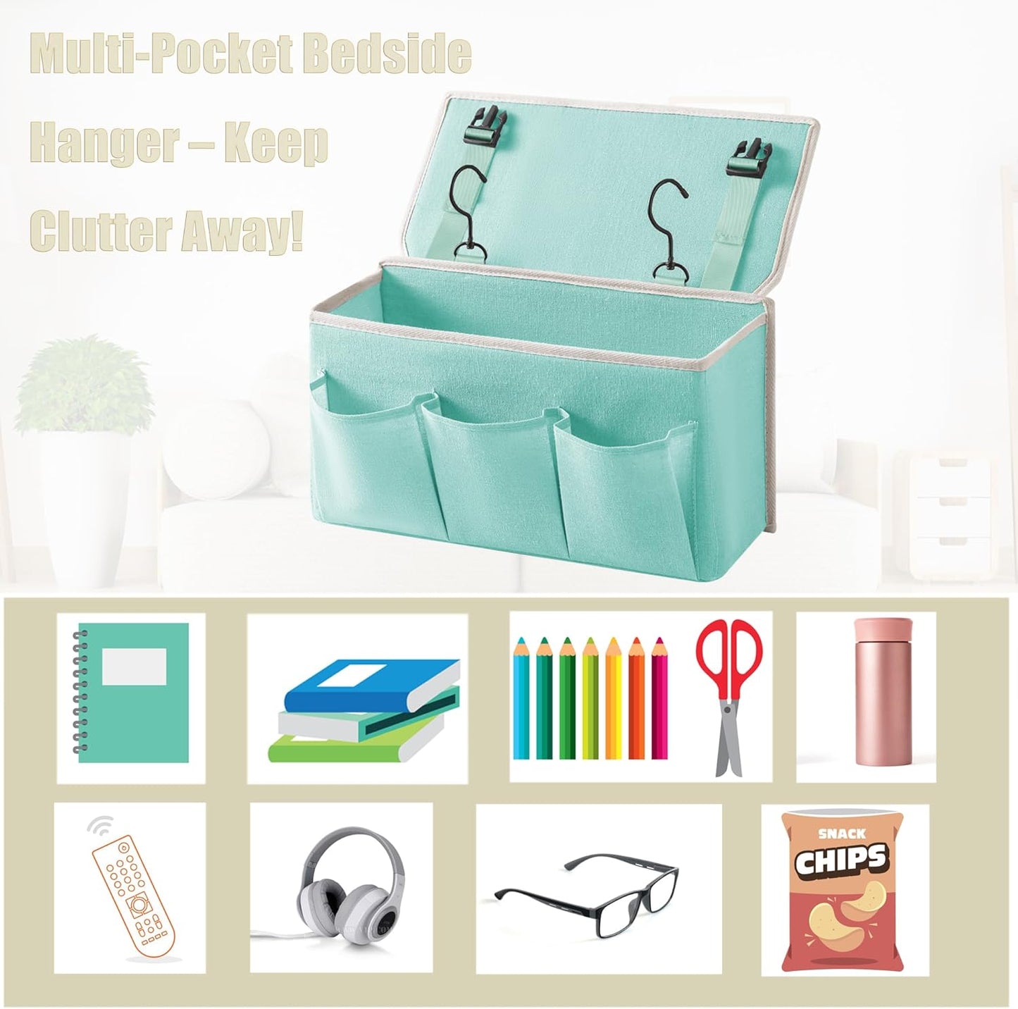 Bedside Caddy/Bedside Storage Organizer Hanging Bag with Three Options,Suitable for home beds, sofas, and dormitory beds—can hold magazines, books, phones, iPads, remote controls. (Green)
