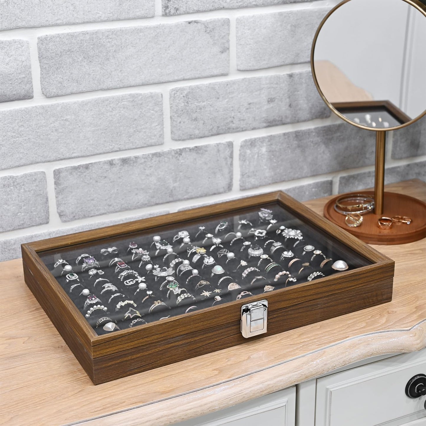 MOOCA Ring Box Jewelry Display Tray, Display Case Accessories Storage Box with Tempered Glass Hinge Lid, Black Lined Jewelry Tray for Rings, Walnut/Black Color, 14.1W x 10.2D x 2.1H in