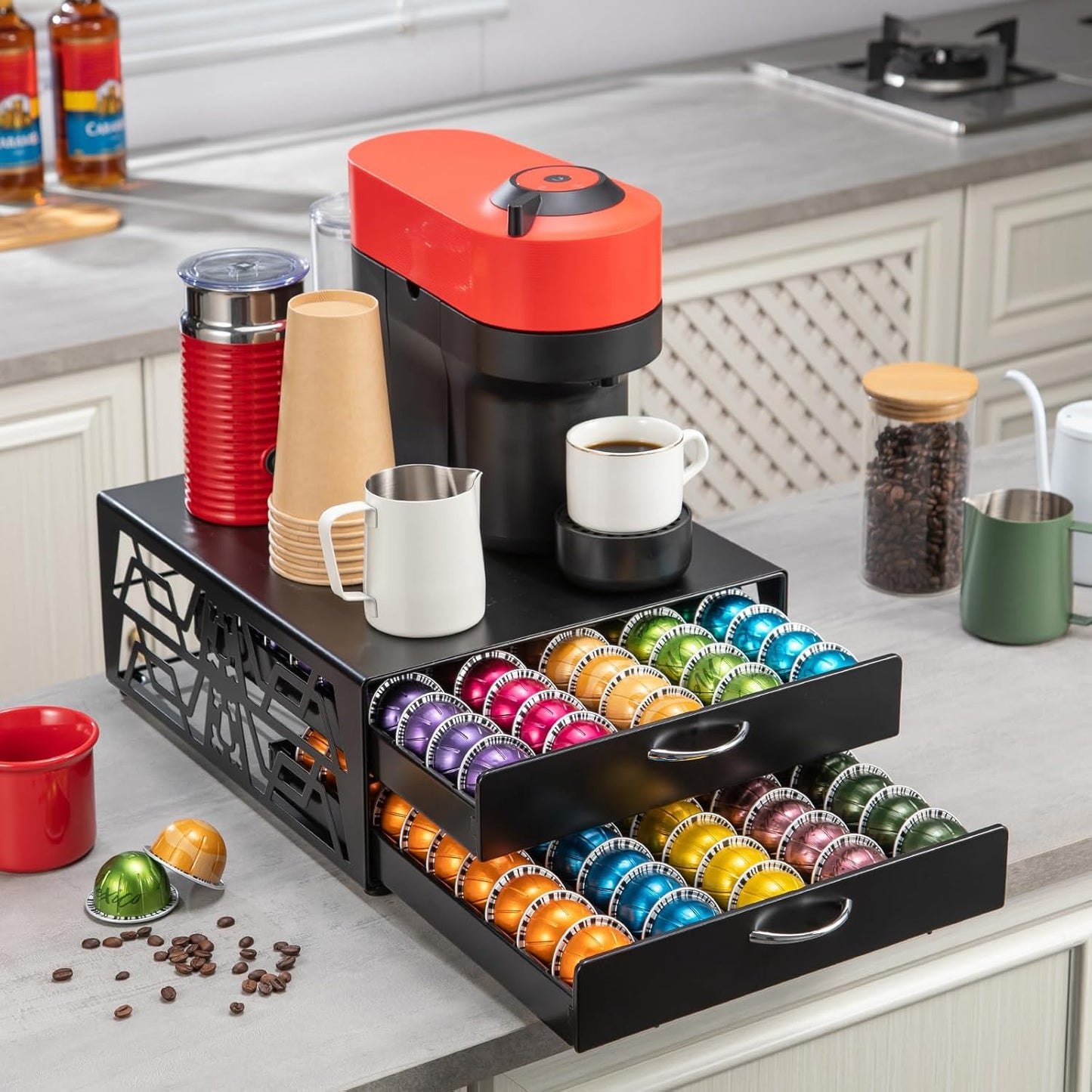 ZCDCP 2-Tier 100-Capacity Vertuo Pod Organizer for Nespresso - Space-Saving Coffee Capsule Drawer Storage System for Fits All Vertuo Pods