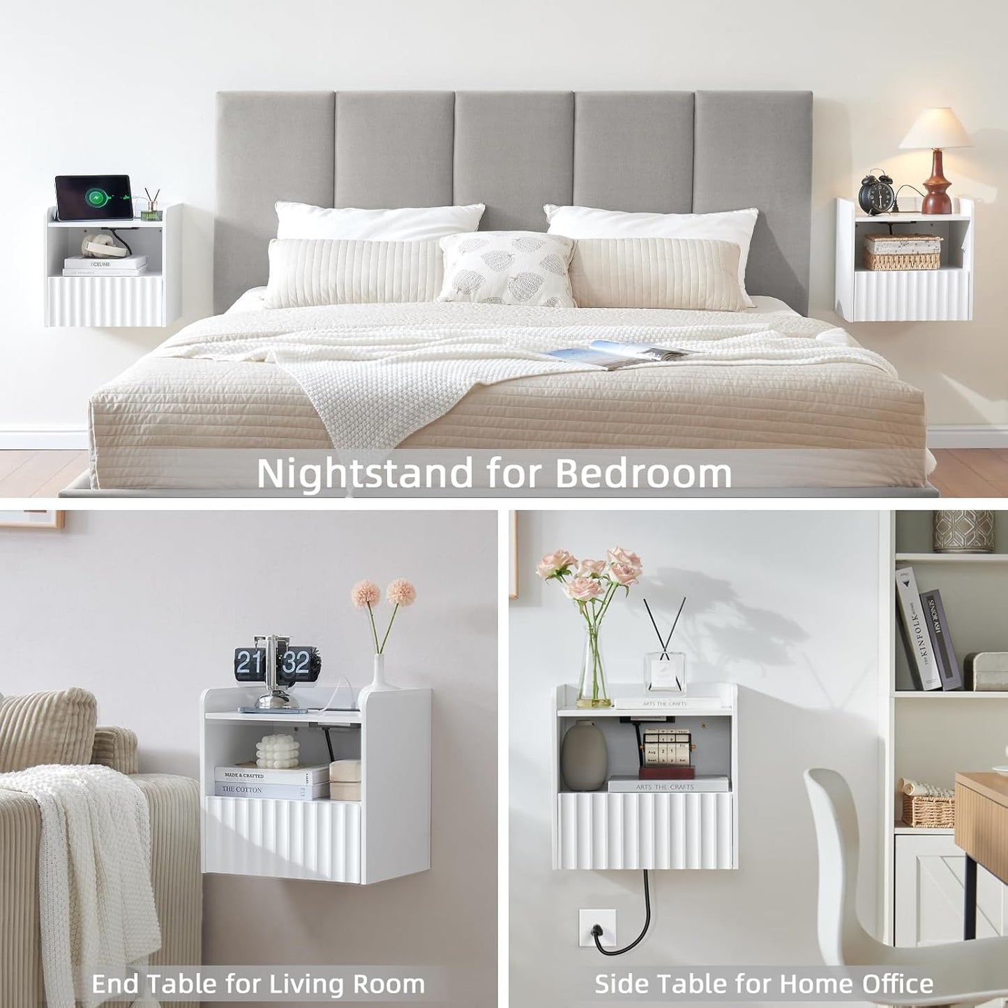 Modern Fluted Floating Nightstand Wall Mounted - Bedside Table with Storage Drawer & Display Shelf, Minimalist Bedroom Furniture for Studio Apartments (Matte White)