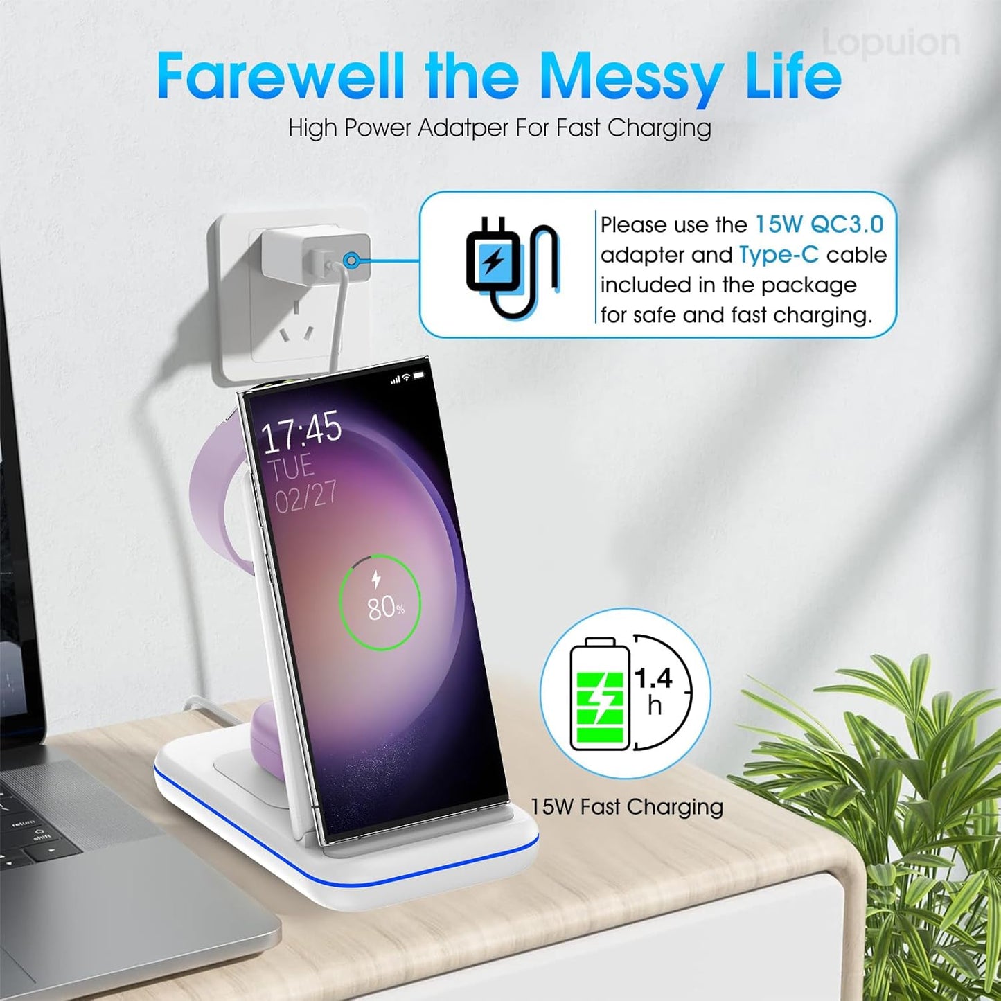 Wireless Charging Station for Samsung/Android, Fast Wireless Watch Charger Station Compatible for Samsung Galaxy S25 Ultra/S24/S23+/Z Flip 7/6 Fold 7/6, Watch8/7/Pro/Active 2 Galaxy Buds3/2 Pro(White)