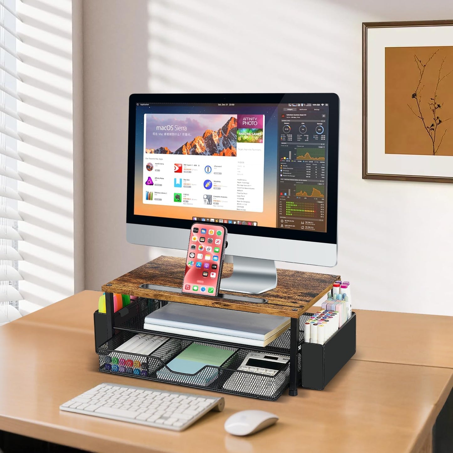 AUPSEN Wood Desk Organizers and Accessories, 2-Tier Computer Monitor Stand Riser with Drawer, Pen Storage & Phone Holder, Office Desk Accessories, Workspace Desktop Organization for Office Supplies(Brown)