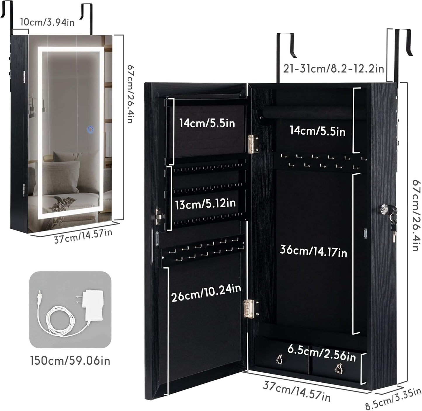 LAVIEVERT Jewelry Armoire with LED Lighted Mirror, Wall/Door Mounted Frameless Mirror with 3 Color Lights, Lockable Jewelry Cabinet Hanging Jewelry Organizer with 2 Drawers - Black