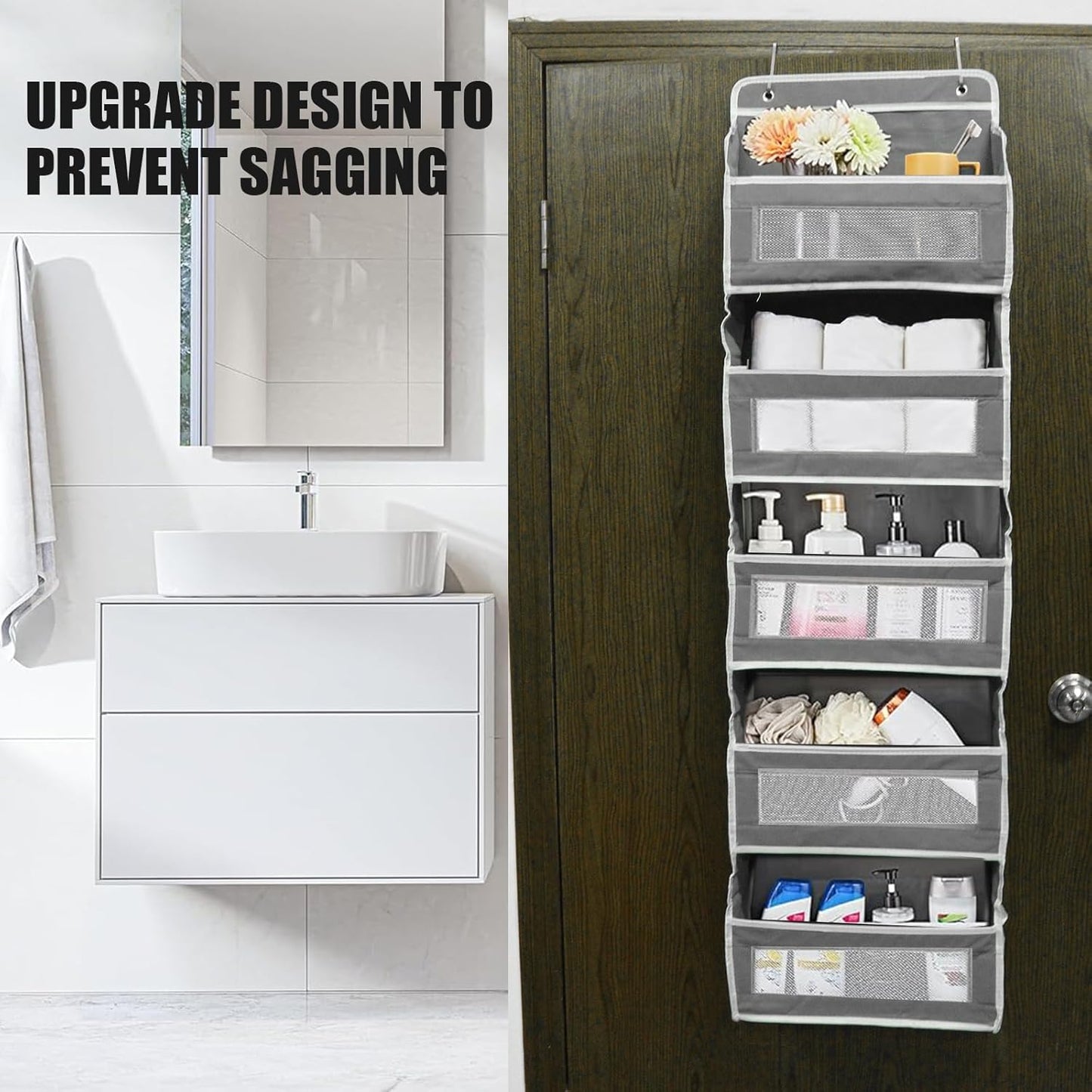 5-Tier Hanging Door Storage Rack Includes 5 shelves and 5 side mesh pockets Multi-compartment design Holds up to 44 lbs Ideal for bathrooms, bedrooms, nurseries, and kitchens (Gray/Black/Charcoal)