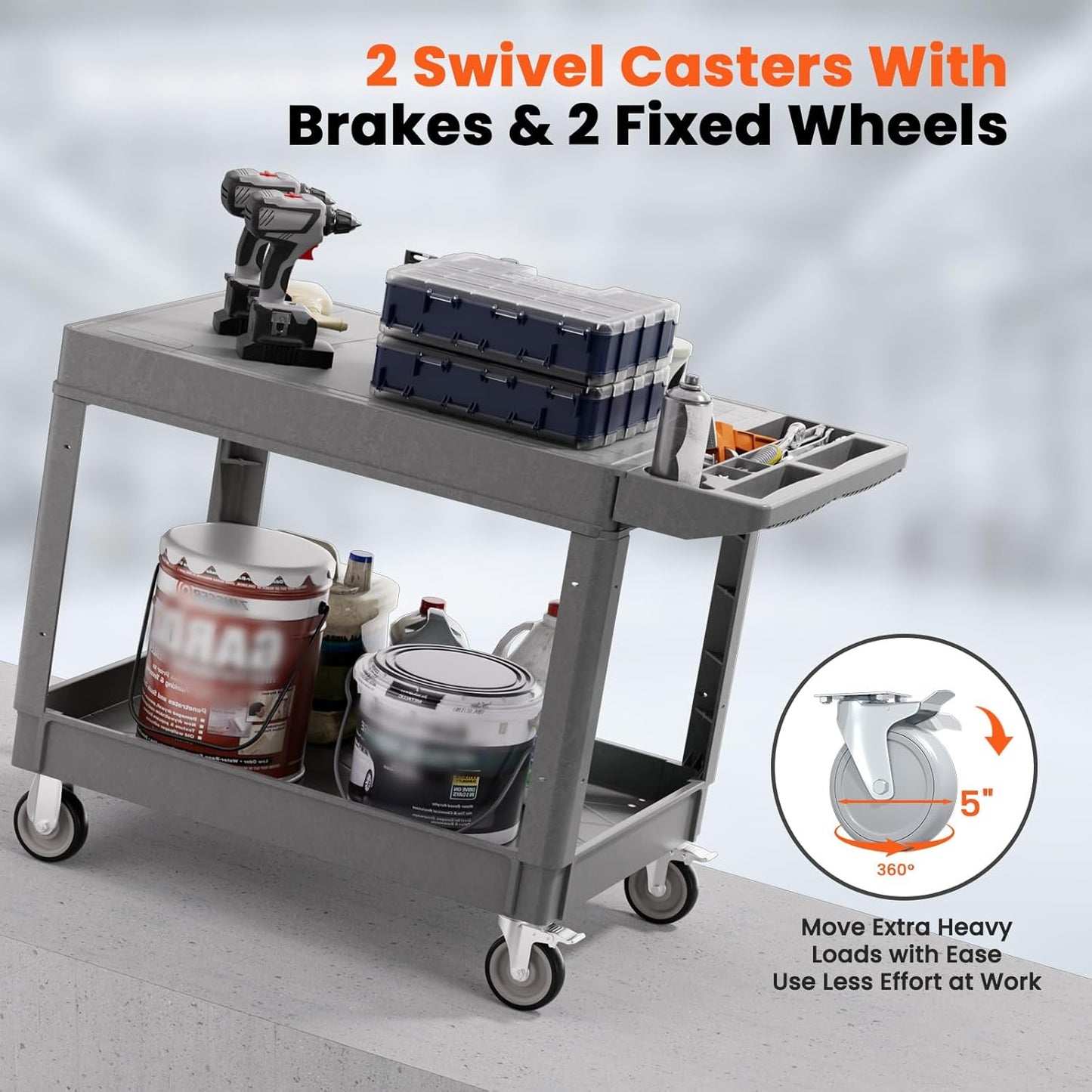 2 Tier Plastic Rolling Utility Cart on Wheels, Heavy Duty Tool Cart with Deep Shelves and 360° Swivel Wheels Holds up to 550 lbs, Service Cart for Garage, Warehouse, Cleaning (Grey-L-Flat Top)