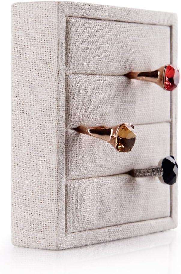 Oirlv linen 3 Slots Ring Earrings Display Trays Showcase Jewelry Organizer (creamy-white,square)