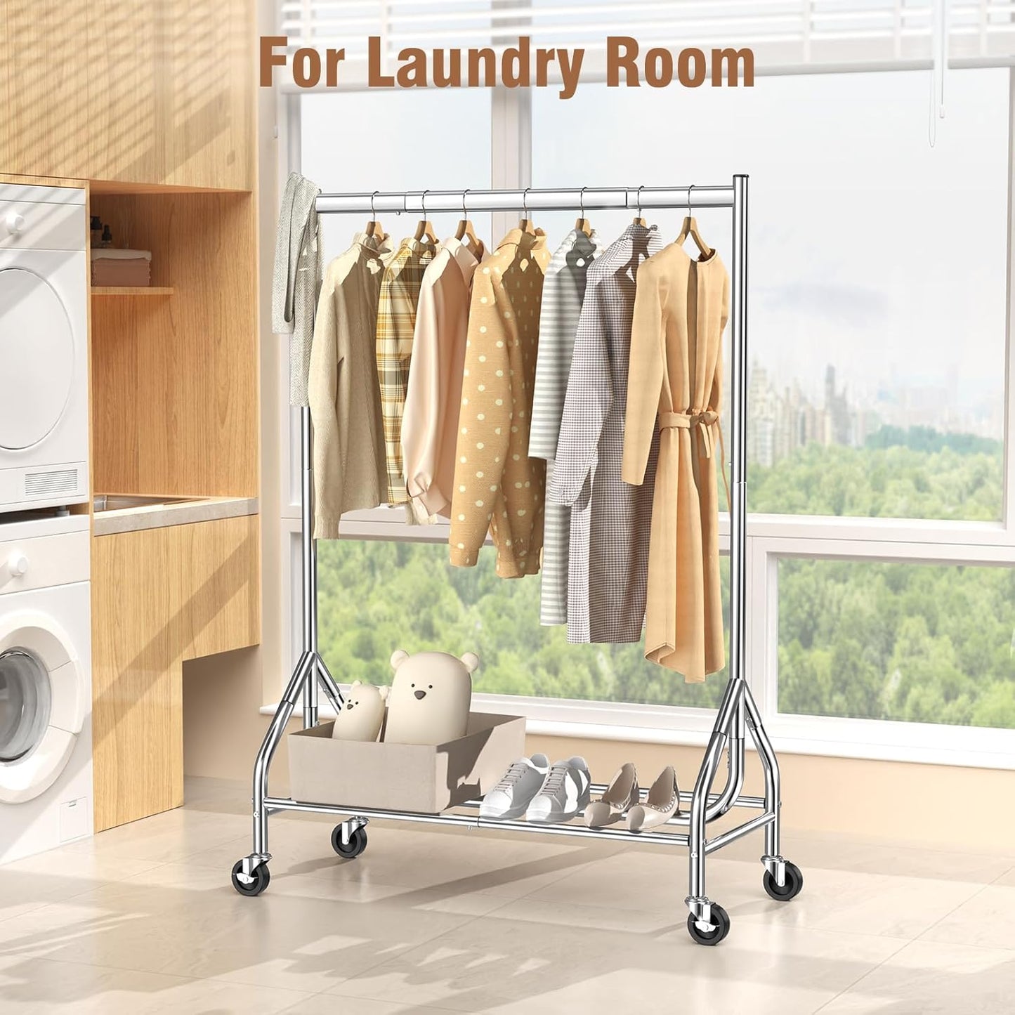 EAGMAK Heavy Duty Clothes Rack Load 420 LBS, Rolling Garment Rack with Lockable Wheels, Standing Metal Clothing Rack with Shelves, Portable Wardrobe Sturdy Coat Rack for Hanging Clothes (Silver)