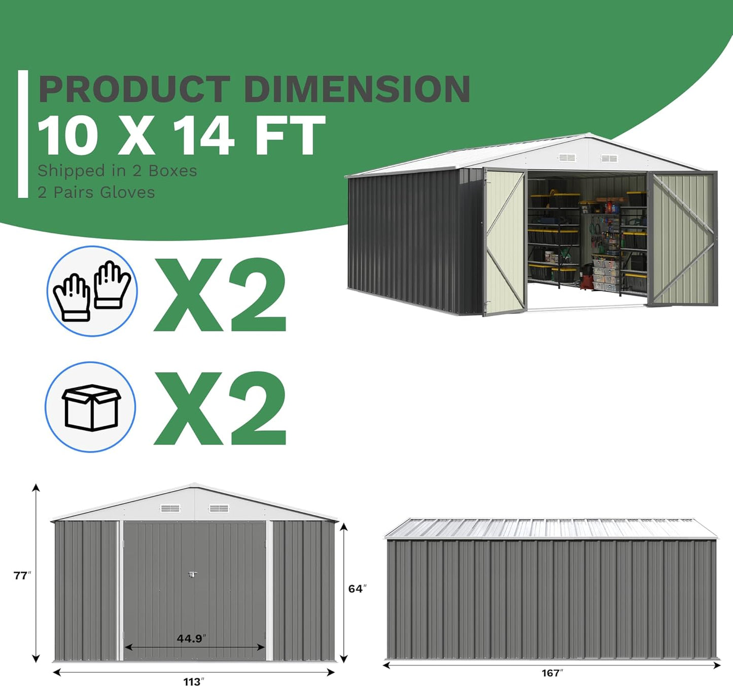 Patiowell 10x14 FT Outdoor Storage Shed, Large Metal Garden Shed with Lockable Door and Sloping Roof, Outside Steel Utility Tool Sheds for Backyard Lawn Garden Patio, Grey