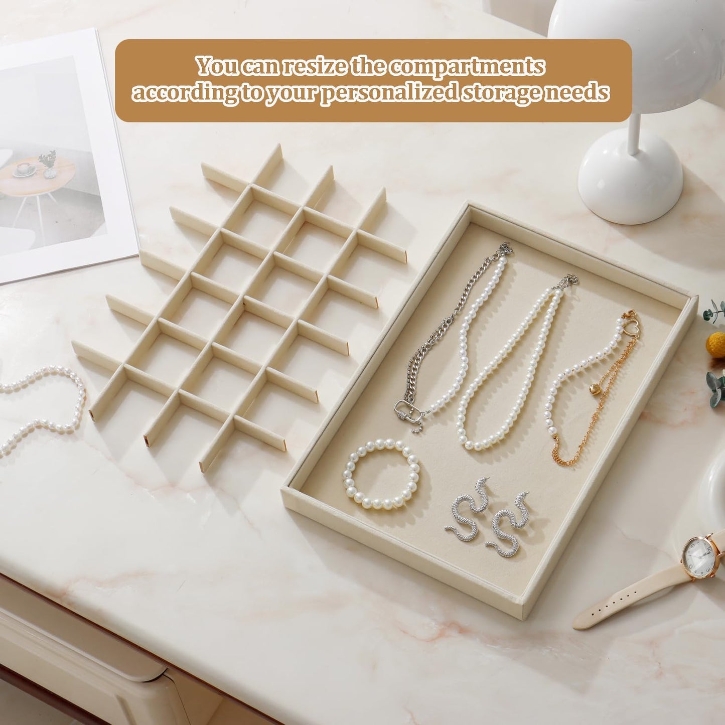 Large Jewelry Organizer for Drawer Insert Velvet Stackable Jewelry Trays for Earring Necklace Bracelet Ring Display (Beige, 24 Grids)
