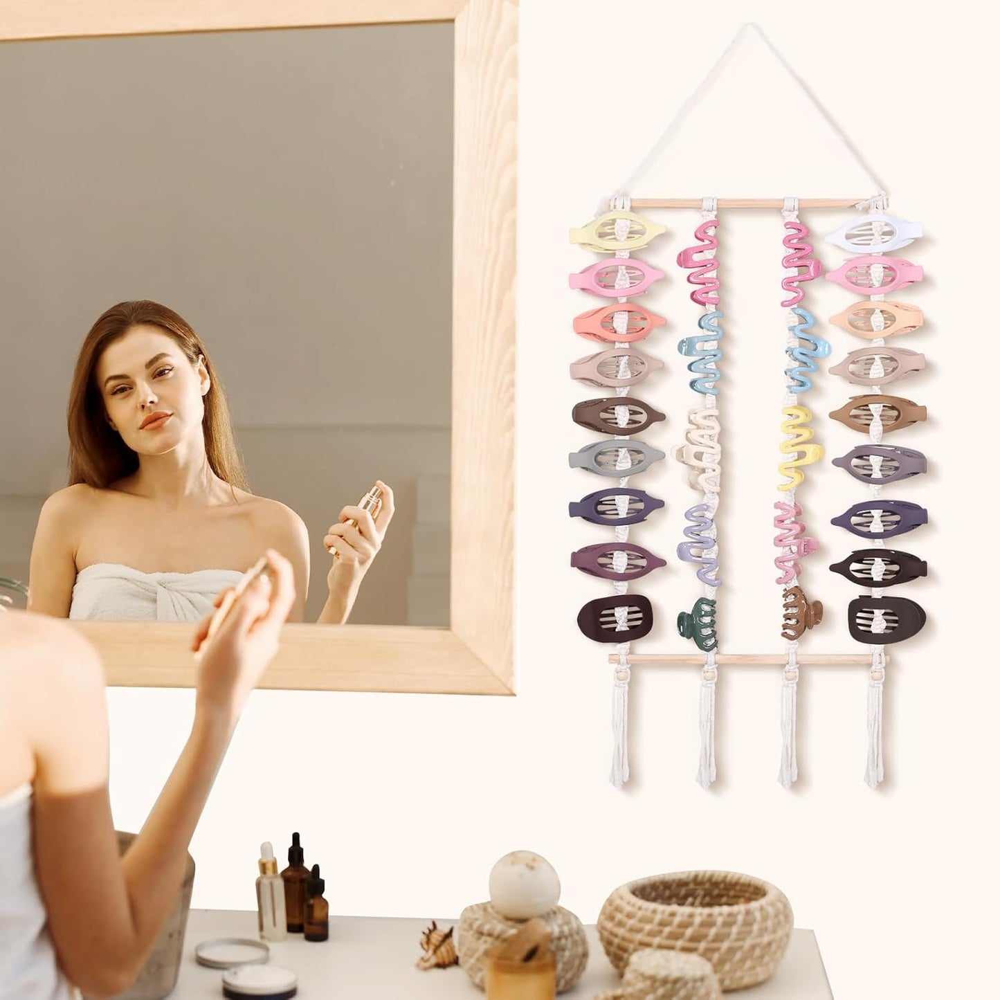 SNOWSTAR Macrame Flat Hair Claw Clip Organizer,Hanging Hair Clip Holder and Storage for Women Girls,Flat Hair Accessorie Hanger Home Decor for Wall,Door,Closet