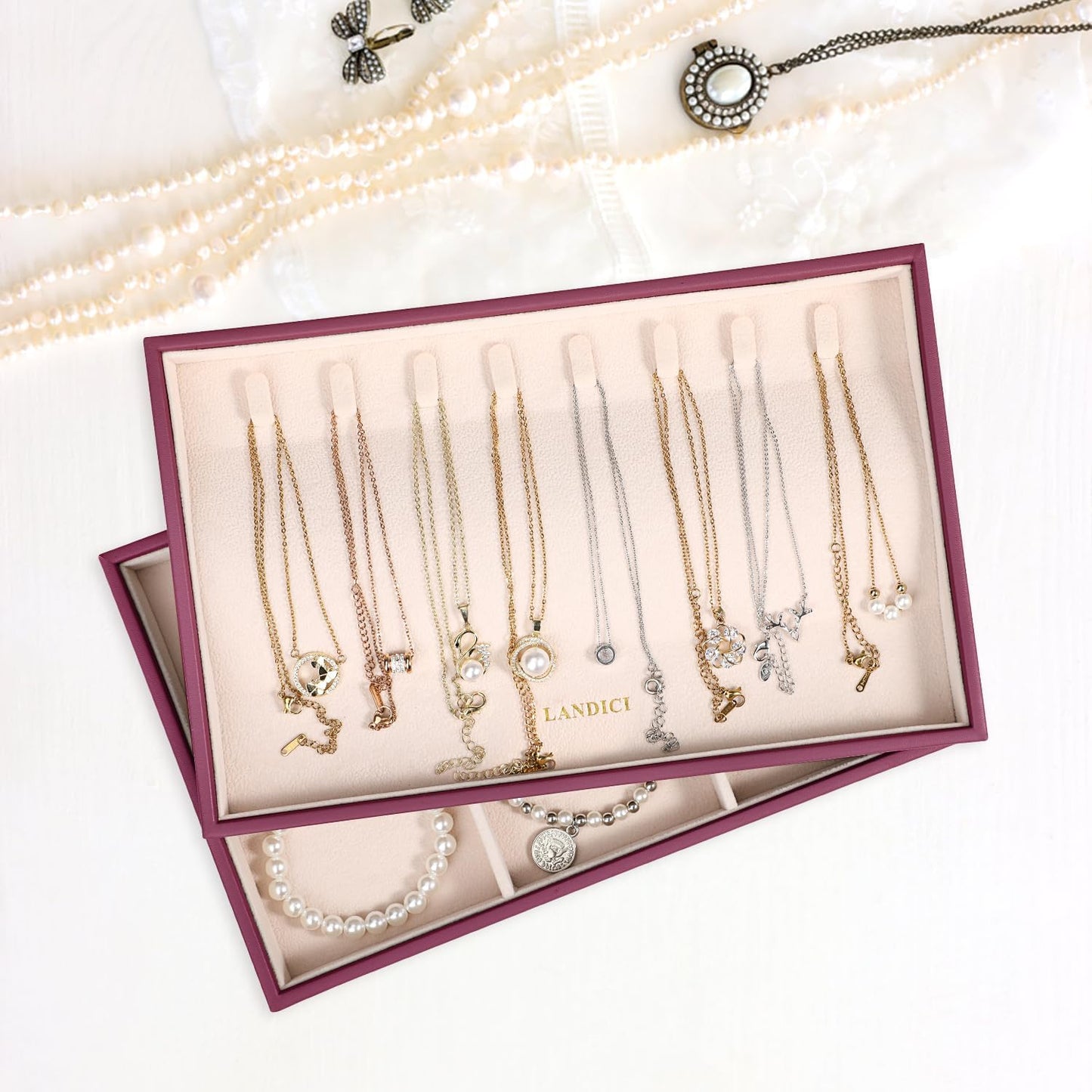 LANDICI Stackable Jewelry Organizer Trays 4 Set,PU Leather Jewelry Organizer Drawer,Jewelry Storage Display Tray for Earring Necklace Rings Bracelet with Removable Dividers,Purple