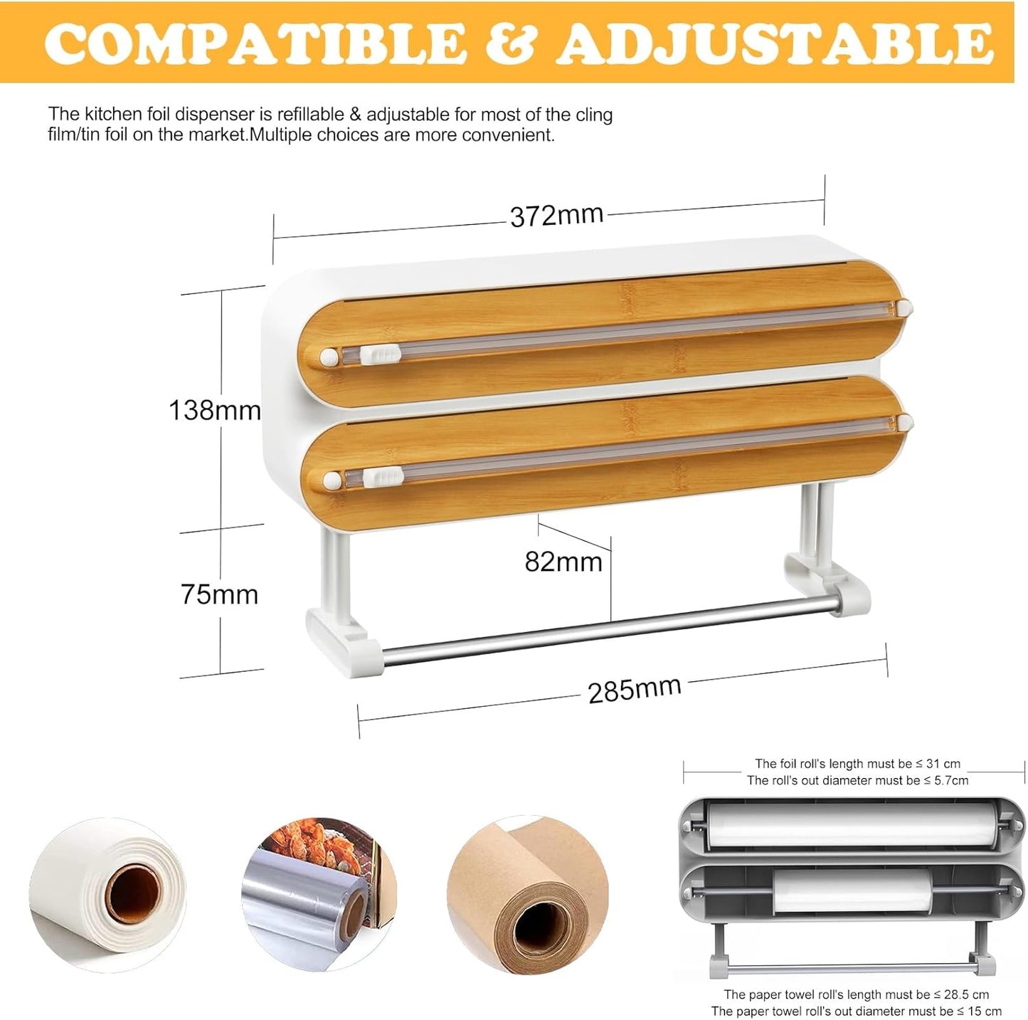 Magnetic Plastic Wrap Dispenser with Cutter - Quasziwa Refillable Tin Foil and Plastic Wrap Organizer for Kitchen, Aluminum Foil Dispenser with Paper Towel Holder Wall Mount - Fits 12" Roll, White