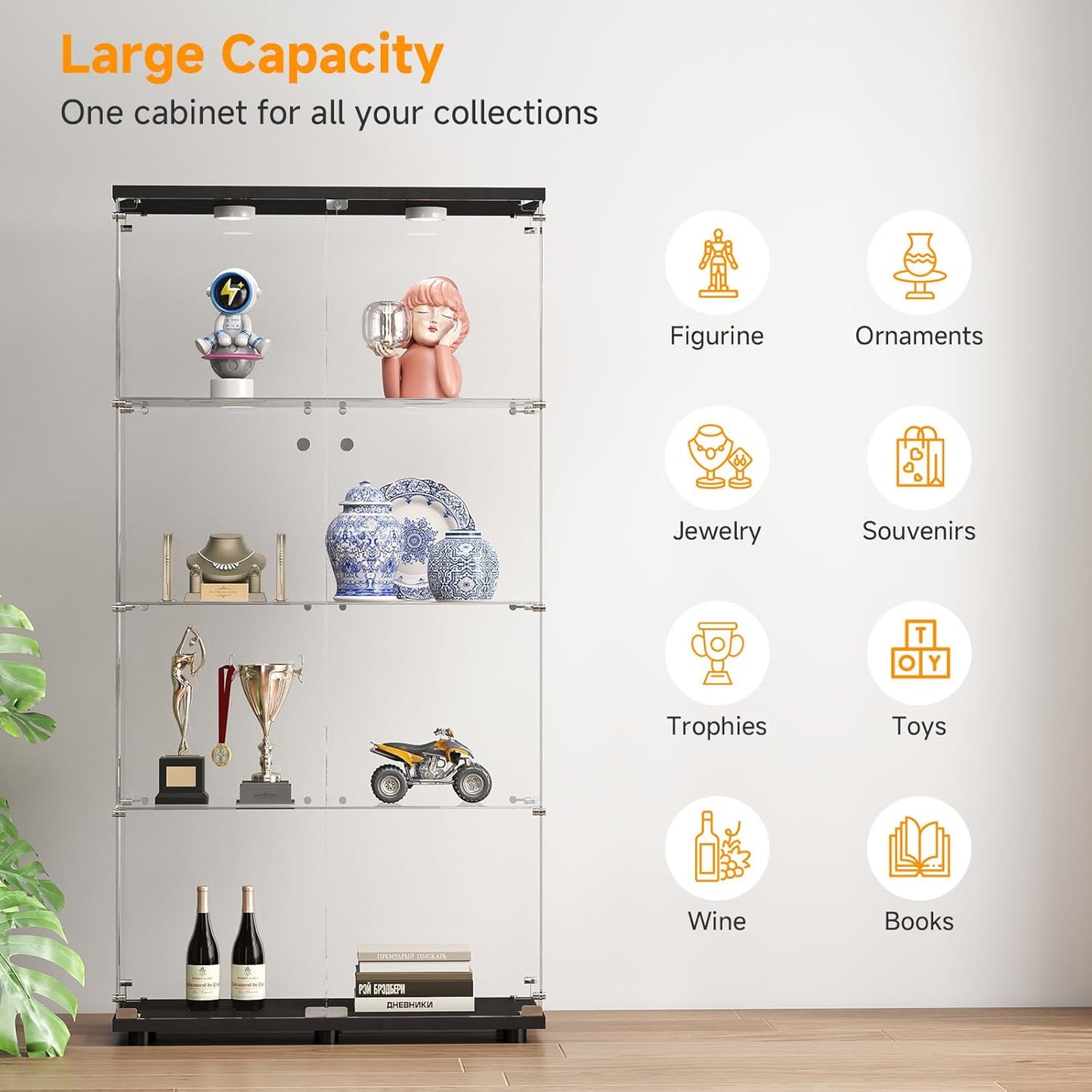 Tempered Glass Display Cabinet with Lights, 4-Tier Curio Cabinet with Glass Doors and Lock, Glass Display Case for Collectibles, for Living Room, Bedroom, Office, Black, Double Door