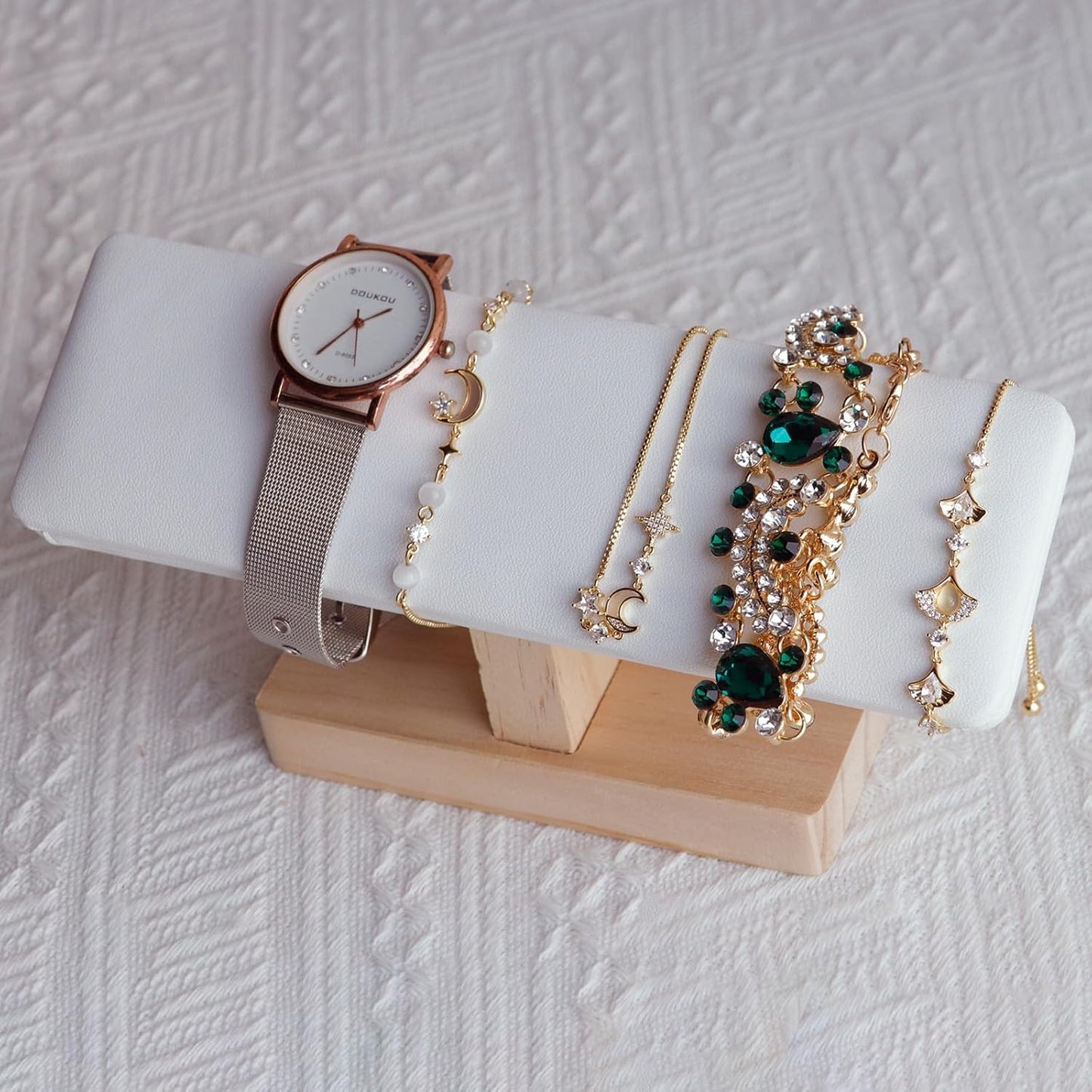 Wooden Watches Display tower Base Watch Necklace Bracelet Organizer Rack Bangle Scrunchie Headband Showcase tower (White PU, Flat single-layer)