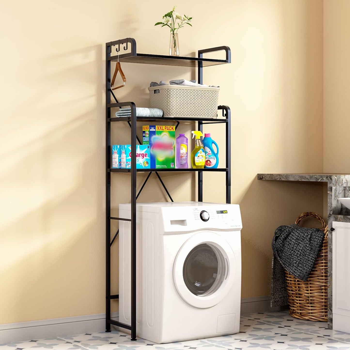 Over-The-Toilet Storage Rack with 3-Tier Shelves, Space Saver Toilet Shelf, Bathroom Storage Organizer with Hooks for Over-Toilet Storage (Black)