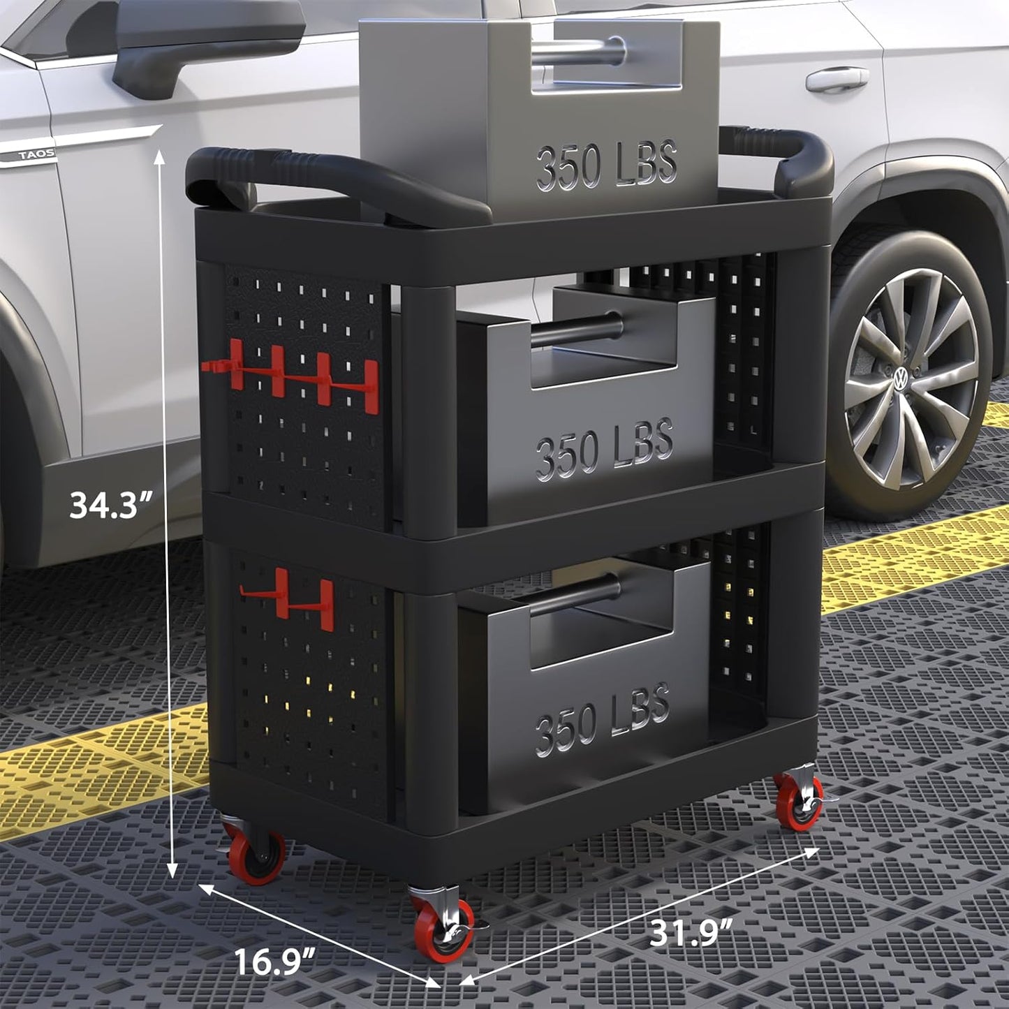 3 Tier Car Detailing Cart, Auto Detail Trolley with Wheels, Side Hanging Plate & Hooks, Detailing Tool Organizer for Mechanics & Detailers (Black)