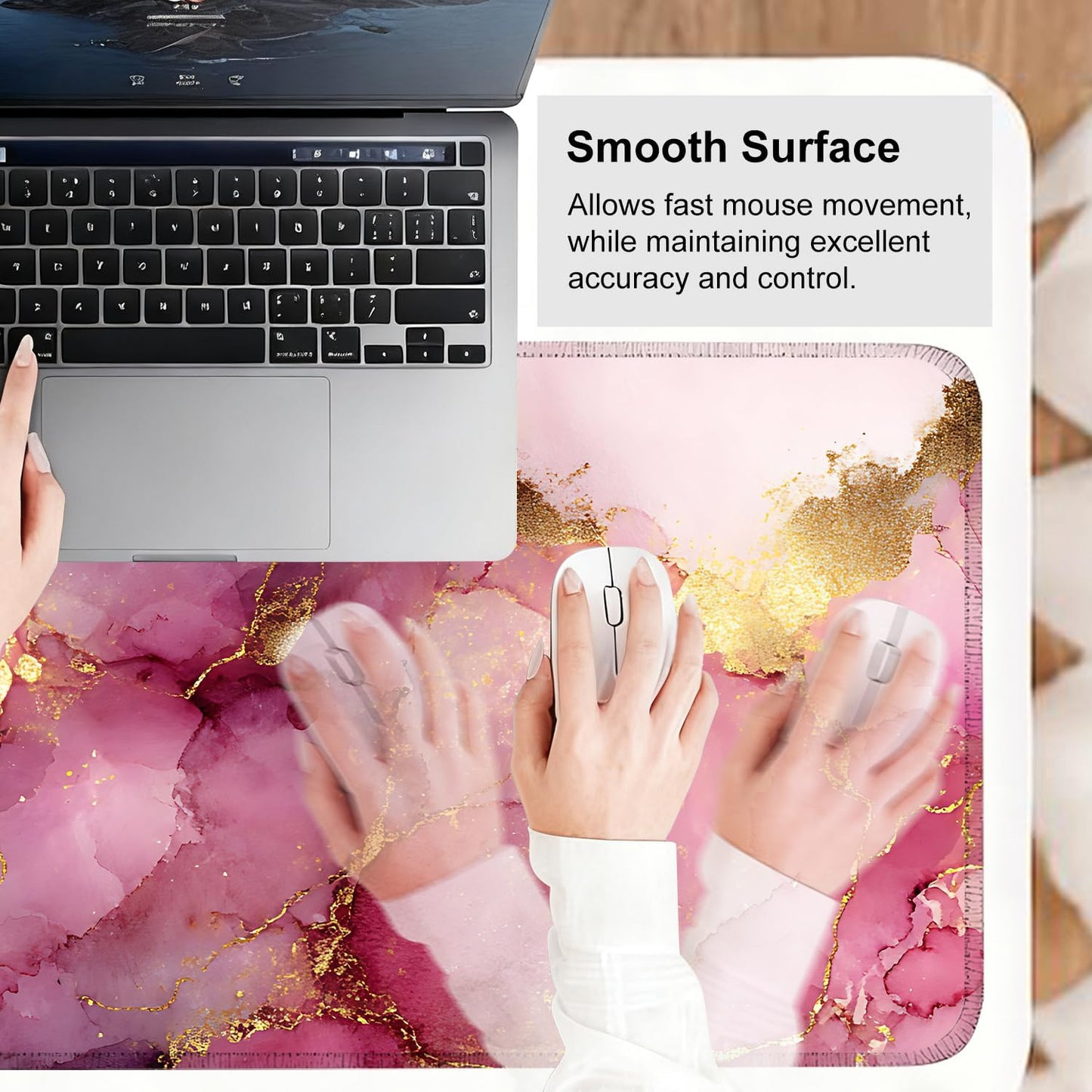 Pink Marble Ink Mouse Pad – Large Extended Desk Mat 31.5 x 11.8 in– Elegant Watercolor Gold Foil Design, Waterproof Surface, Non-Slip Rubber Base, Keyboard & Mouse Pad for Office or Gaming