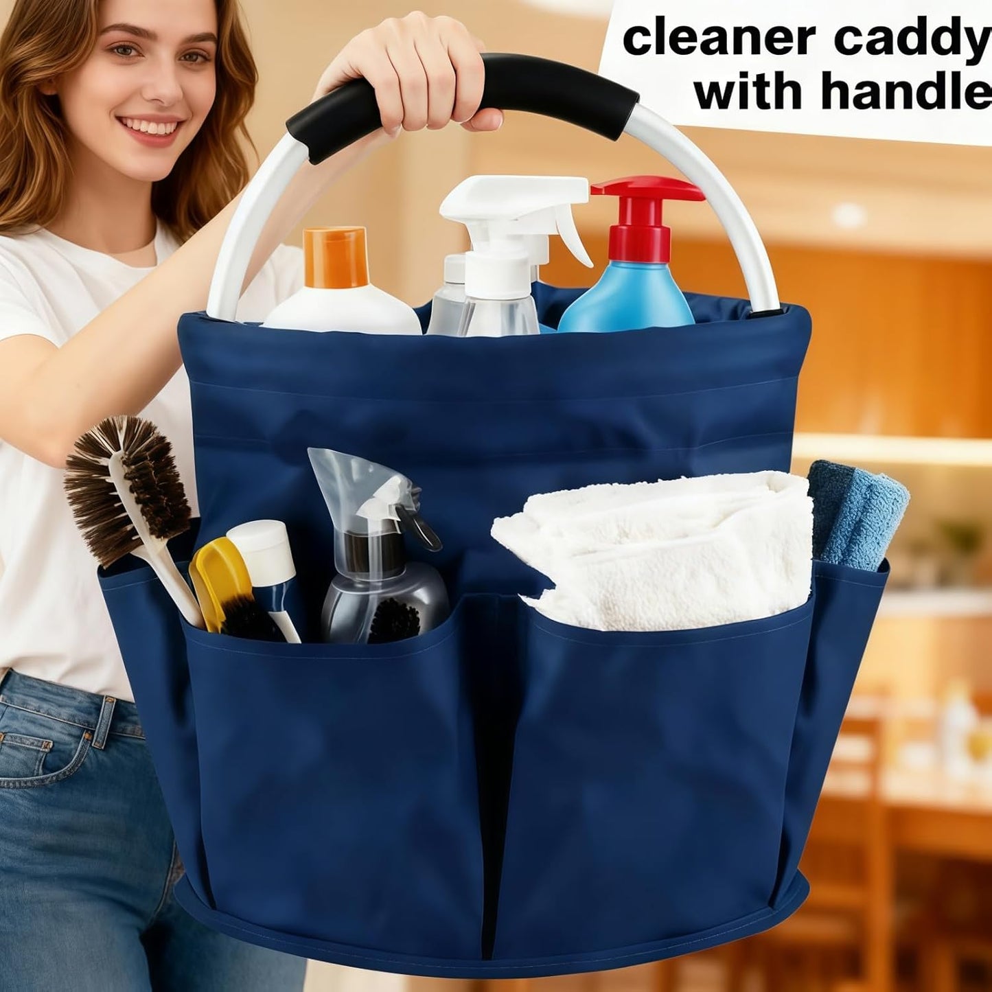 17L Cleaning Caddy With Handle, Foldable Storage Cleaning Product Organizer, Cleaning Caddy Organiser, Outdoor Camping,Portable Multifunctional Cleaning Bucket tool Bag Organizer (navy blue)