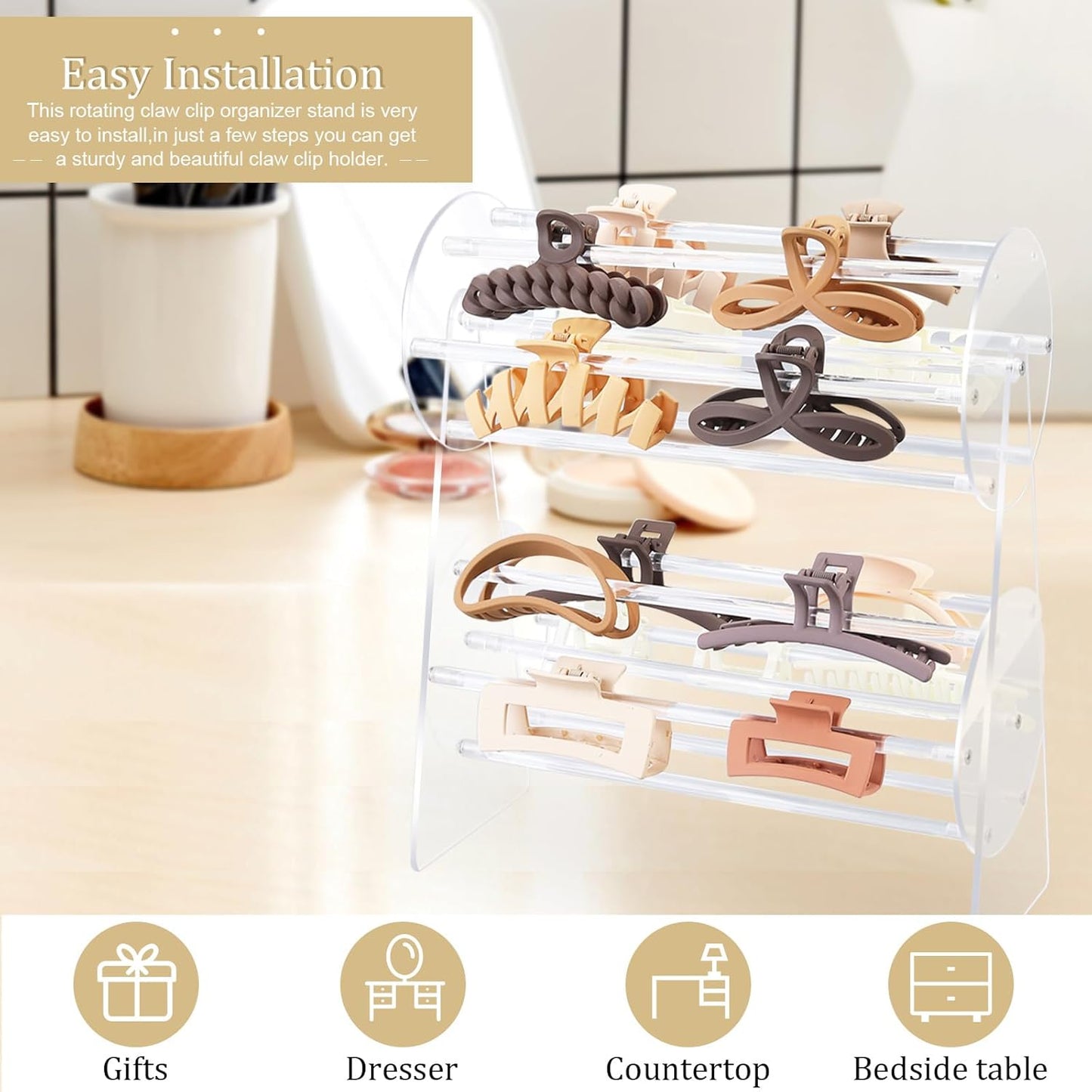 SNOWSTAR Acrylic Claw Clip Organizer Holder,360-Degree Rotating Claw Clip Holder and Storage,Hair Clip Organizer Display Clear Stand for Women and Girls