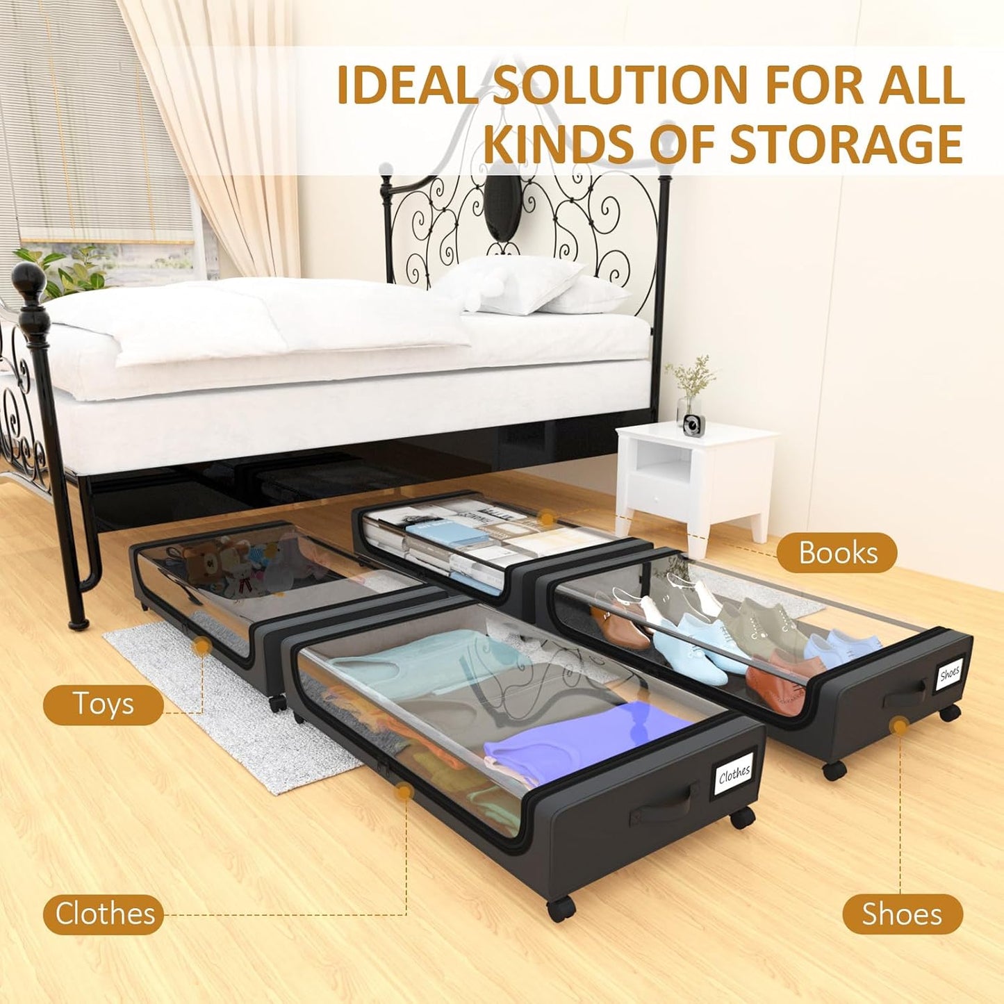 Large Under Bed Storage with Wheels, Under Bed Storage Containers, Under Bed Shoe Storage Organizer, Rolling Underbed Storage Containers for Bedroom Clothes Shoes Blankets, 2 Pack, Black