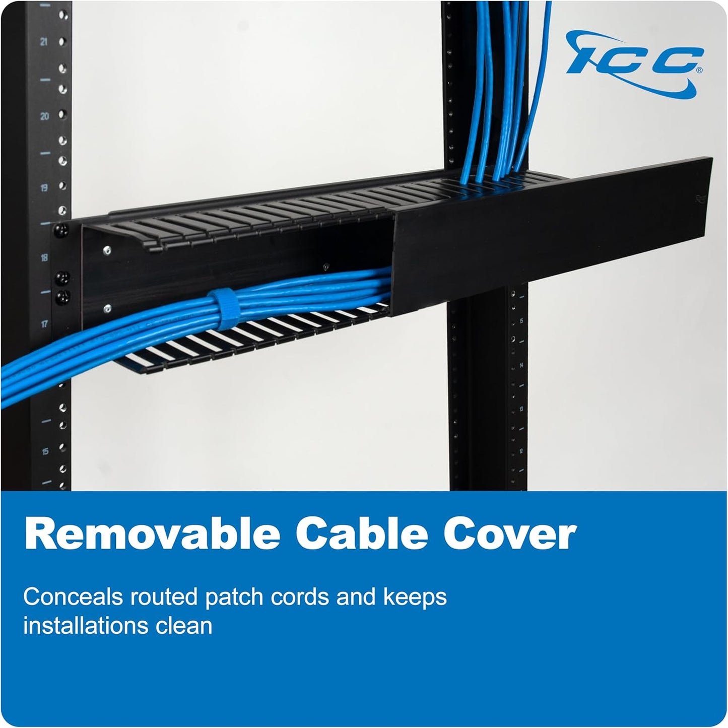 ICC 2U Finger Duct Cable Manager Panel with Cover, Plastic with Metal Back Frame, 3" Depth, Horizontal Cable Management, Rackmount for 19” Network Racks, Black, 6-Pack