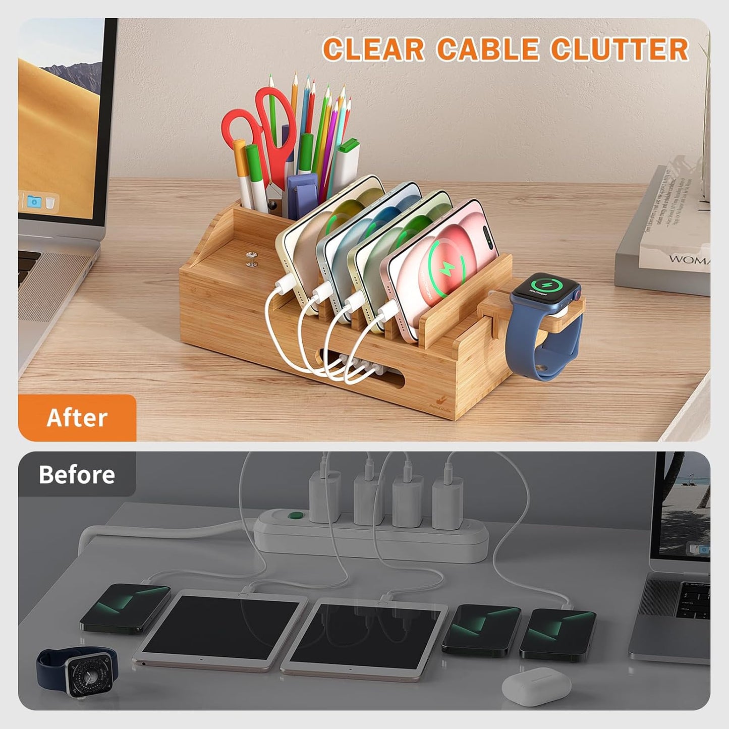 Bamboo Charging Station for Multiple Devices with 5 Port USB Charger, 5 Charger Cables and Smart Watch Stand. Wood Desktop Dock Stations Electronic Organizer for Cell Phone, Tablet, Watch, Office