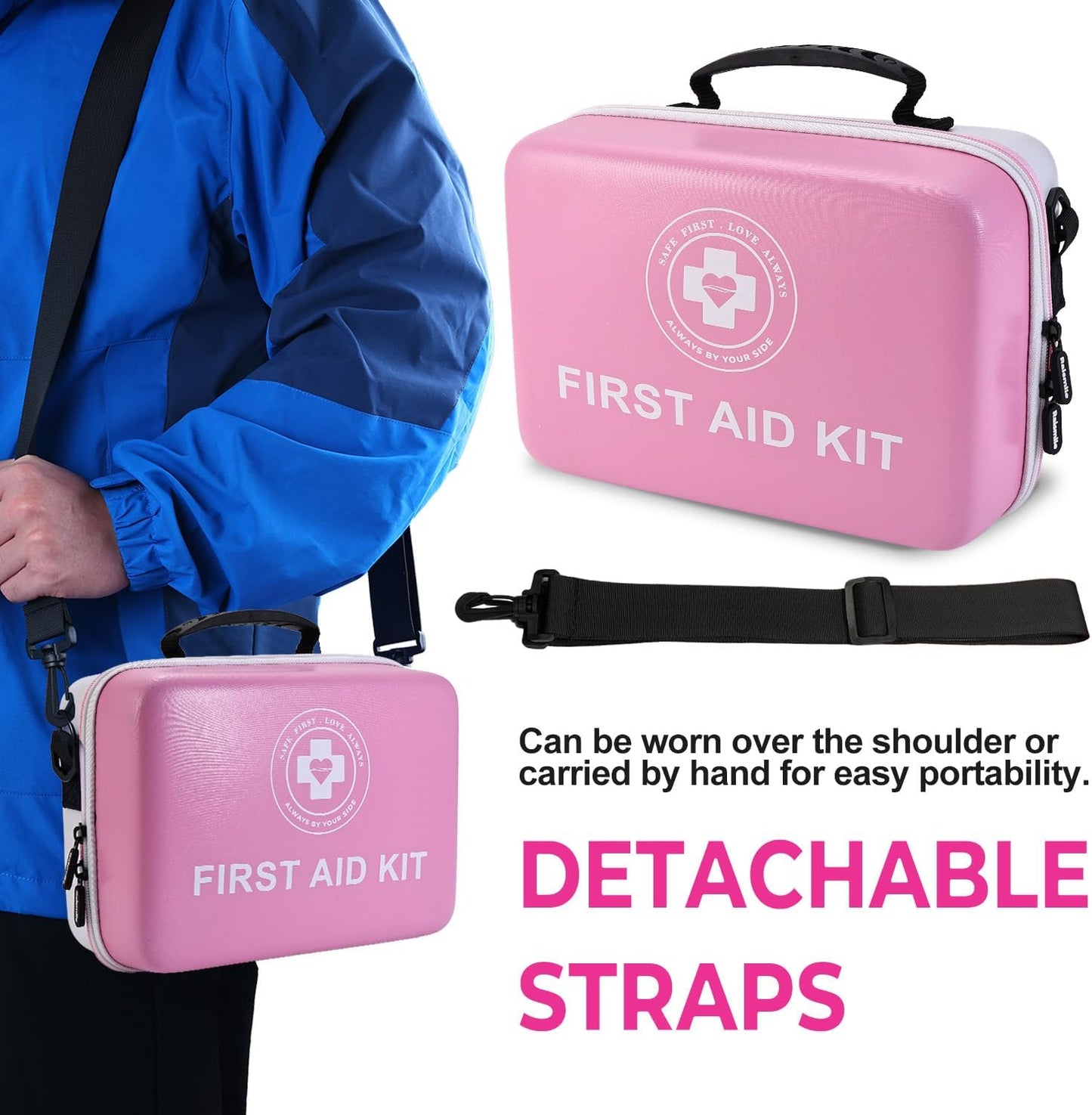 Large First Aid Kit - 410 Piece Dual-Color Emergency Kit with Hard Shell,Professional Survival Kit for Home, Car, Travel, Hiking & Outdoor(Pink/White)